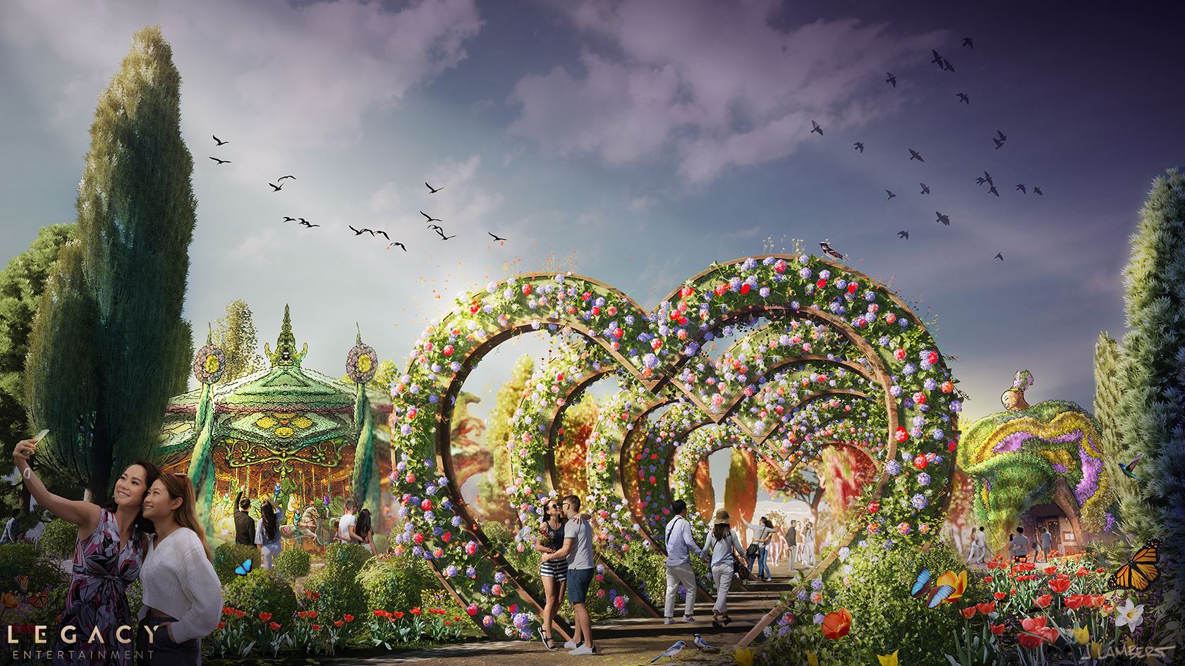 A colorful park scene with a large, heart-shaped arch decorated with colorful flowers. There are ornate, fairy-tale-like structures & tall trees. Visitors are taking photos. - Experiential 3D massing & site planning | Legacy | JLD