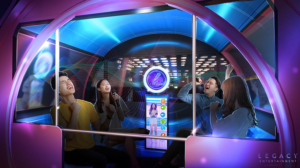 Four young people inside a ferris wheel, virtual reality karaoke booth, singing and enjoying themselves. The booth has colorful lights, a large screen, and a digital avatar of a woman on a display.