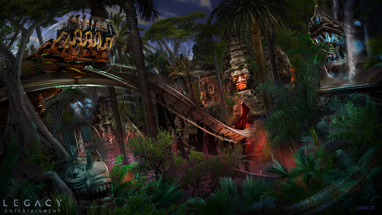 A thrilling amusement park ride set in a jungle-themed environment with lush green foliage, large stone architecture, & a roller coaster. Included are illuminated faces carved into rocks & a menacing head with glowing eyes. Concept | Legacy | JLD