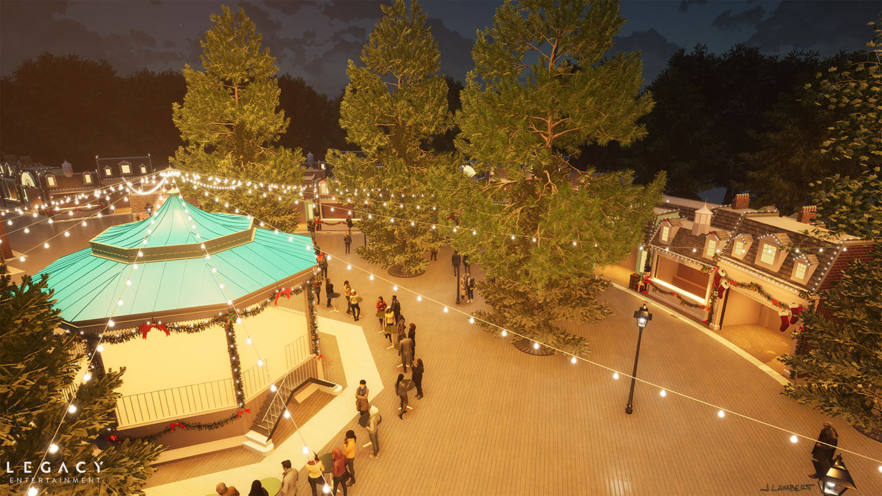 Nighttime view of a holiday-themed outdoor area with a carousel, string lights, tall trees, and buildings decorated with Christmas garlands