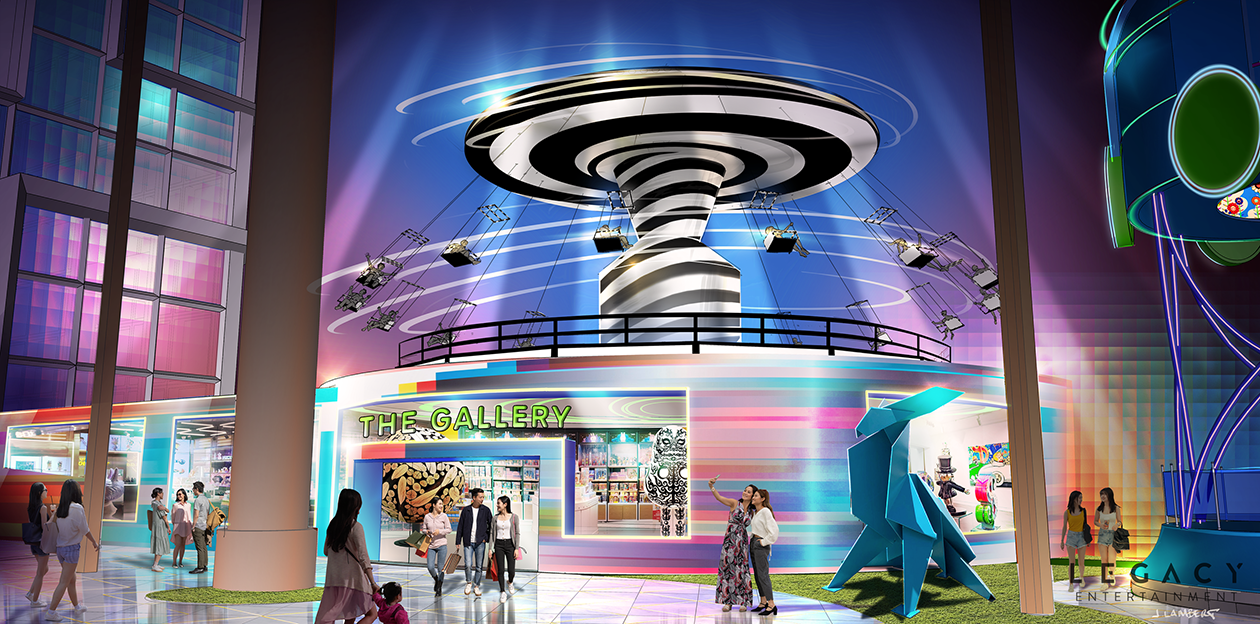 A pop art indoor amusement park with a large, spinning carousel and a blue, geometric rabbit sculpture outside the gallery entrance. People are walking and taking photos in the vibrant, colorful space.