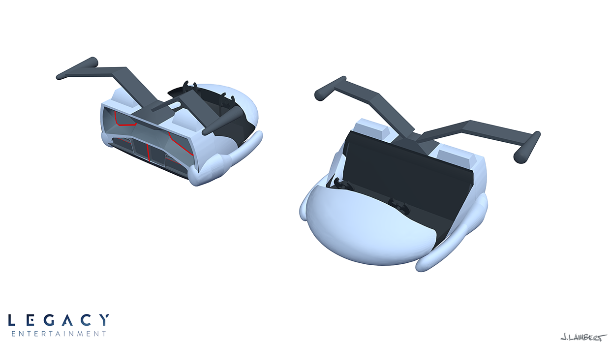 Two views of a futuristic Lotus Aircraft for a round ride. One viewed from the front, one viewed from the back.