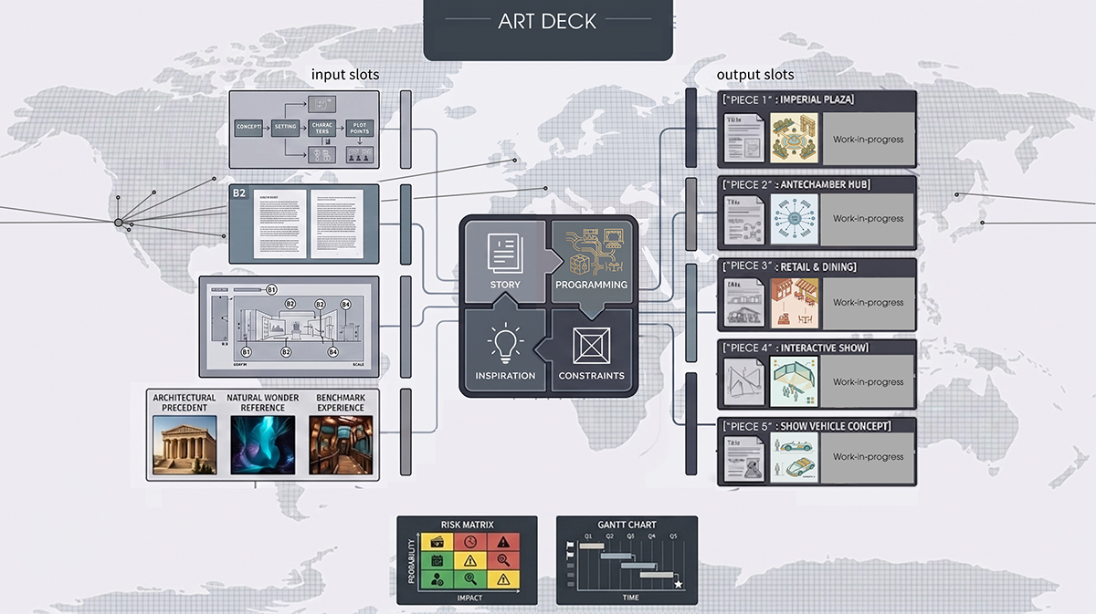 A digital art deck diagram over a world map background showing input slots, output slots, and central elements for story, programming, inspiration, and constraints. It includes images of architectural blocks, natural wonders, and a benchmark experience, along with a risk matrix and a Gantt chart at the bottom.