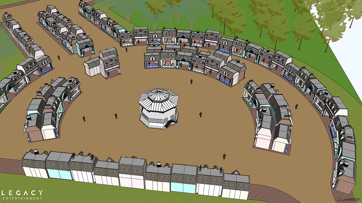 A 3D rendering of an outdoor shopping area with multiple small stores arranged in a curved layout around a central pavilion. There are trees in the background and a pathway surrounding the shops.