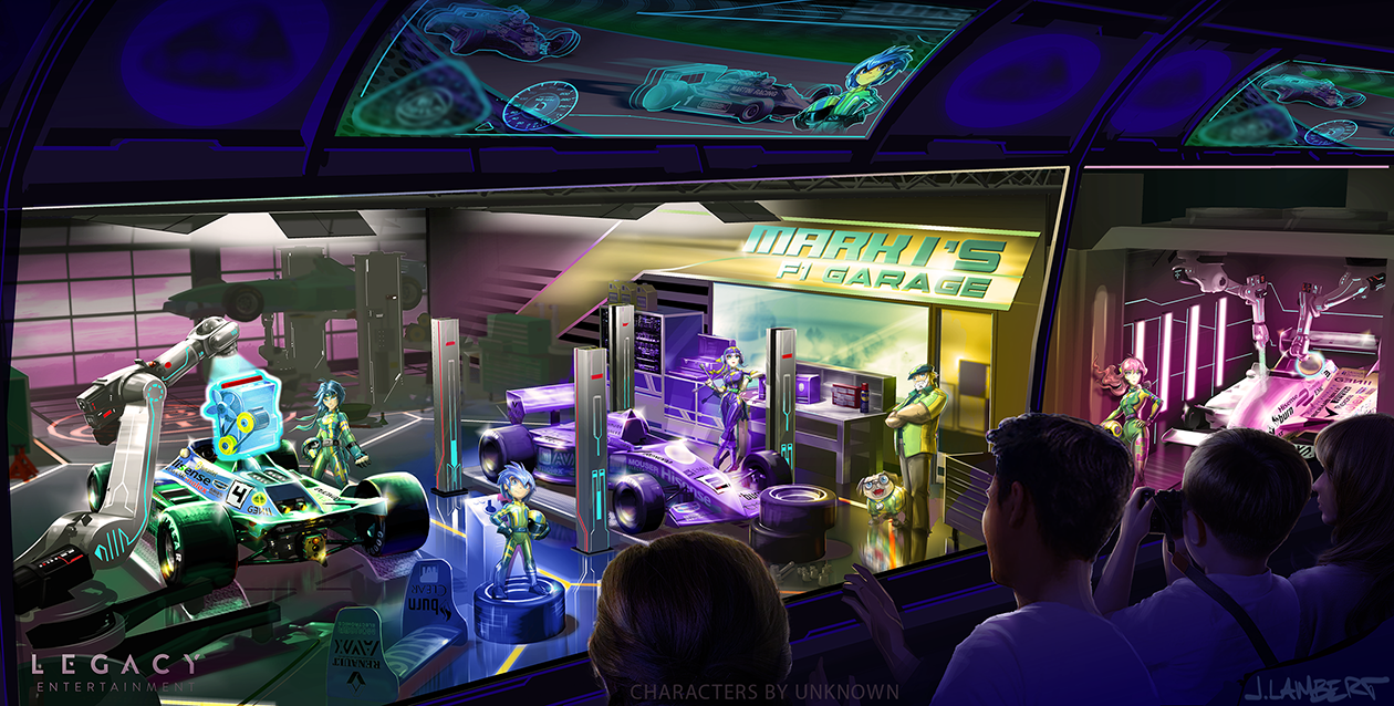 A futuristic race car garage with neon lights and holographic displays showcasing racing cars, robots, and gaming characters. Visitors are observing from the outside, with some taking photos.