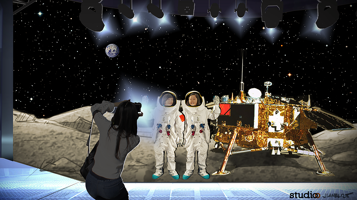 A woman takes a photo of two children in astronaut suits, standing next to a moon landing set with a lunar module and Earth in the background.