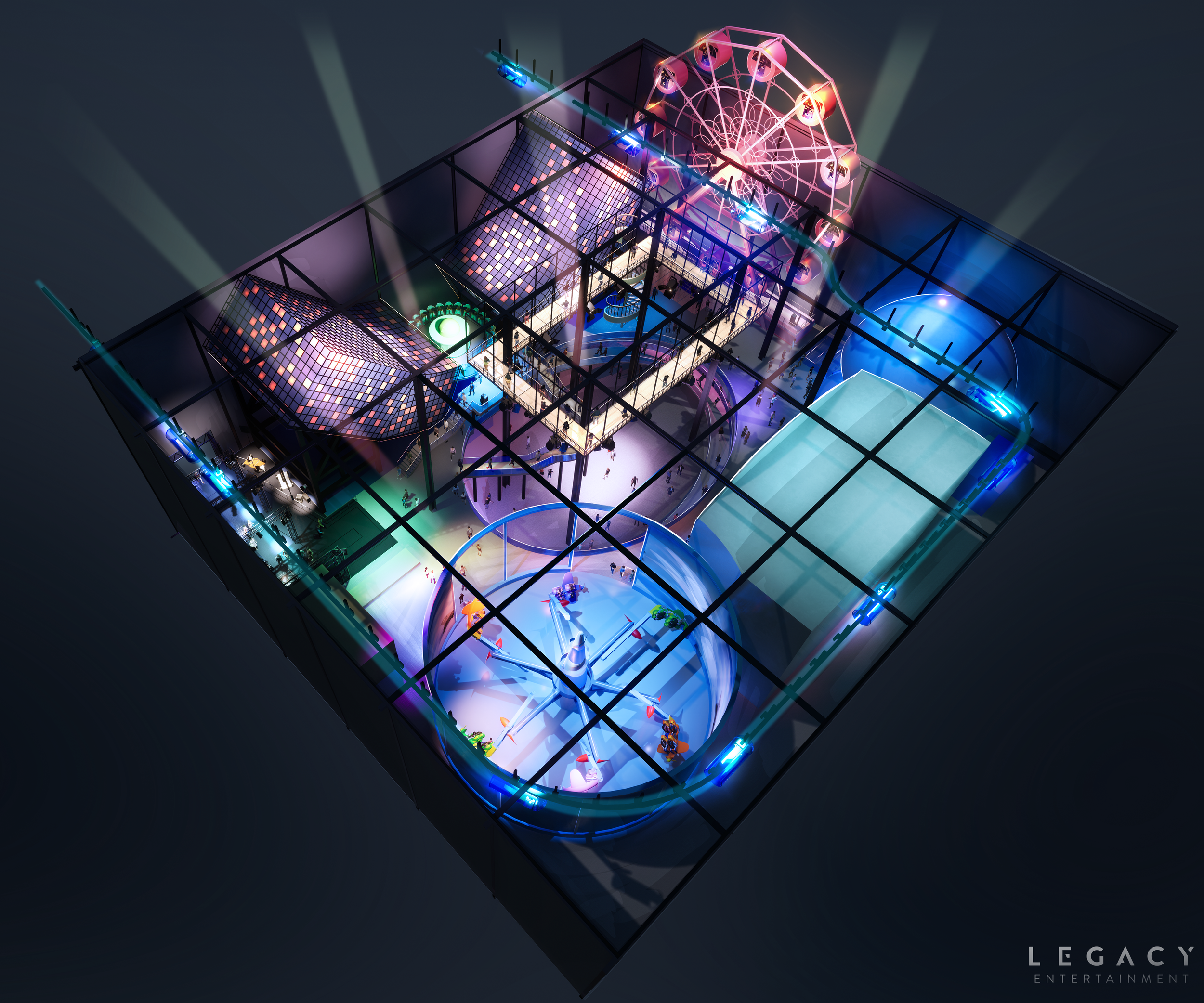 BirdsEye of In-Door Amusement Park featuring colorful, theatrically lit rides and experiences. Concept by Jason Lambert Design Inc and Legacy Entertainment