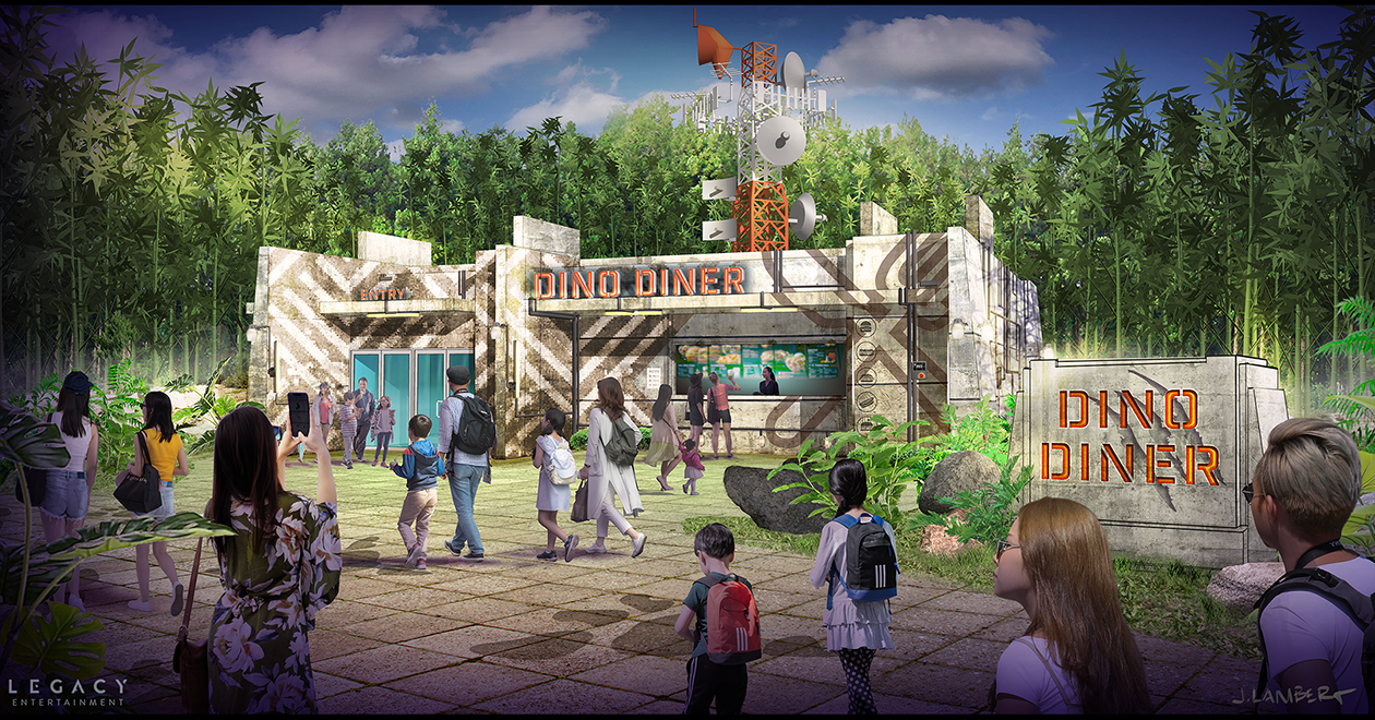 People walking outside the DINO DINER, a dinosaur-themed diner with concrete walls and signage, surrounded by greenery and tall trees, with a tower with satellite dishes and antennas in the background. Concept Design Rendering | Legacy | JLD
