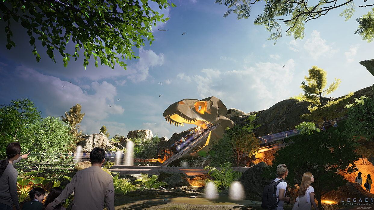 A theme park roller coaster emerging from a large Tyrannosaurus Skull with fire lit eyes, integrated into a scenic outdoor landscape with trees, rocks, waterfalls, and a roller coaster track. Visitors are walking and pointing towards the attraction.