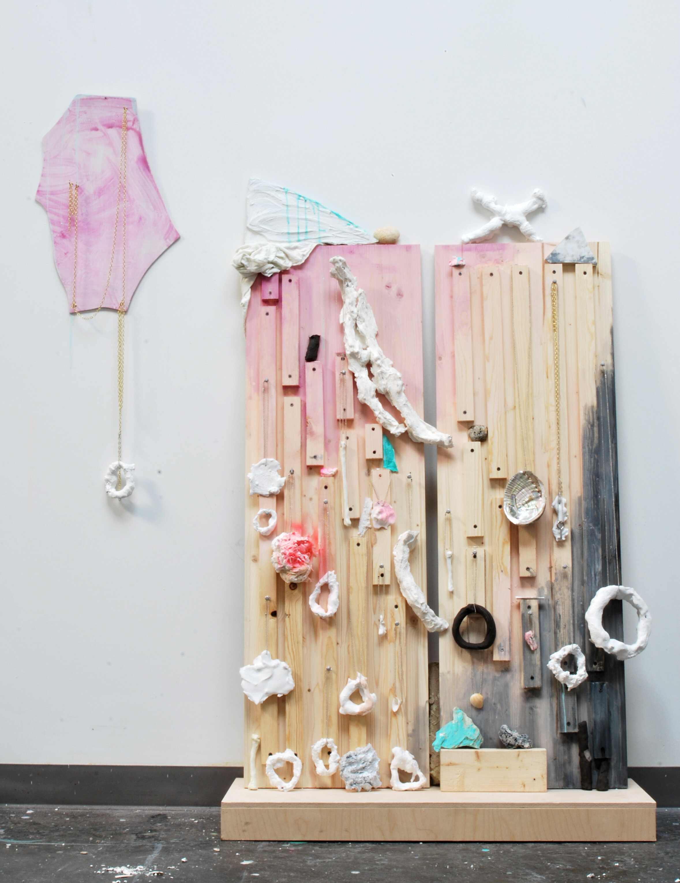   Fertility Goddess' Survival Kit #2 (After Botticelli) , 2015 Cut and painted wood, plaster, self-firing clay, aluminum foil, acrylic, latex, spray paint, ball chain, push pins, shells, and found objects 60 x 38 x 12 inches  