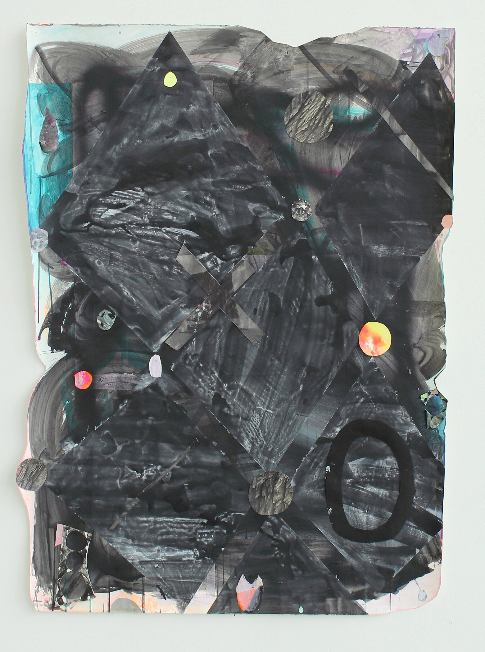   Bad Moon Rising (XO) , 2019 Acrylic, gouache, spray paint, graphite powder, canvas and collage on cut paper 55 x 41 inches  