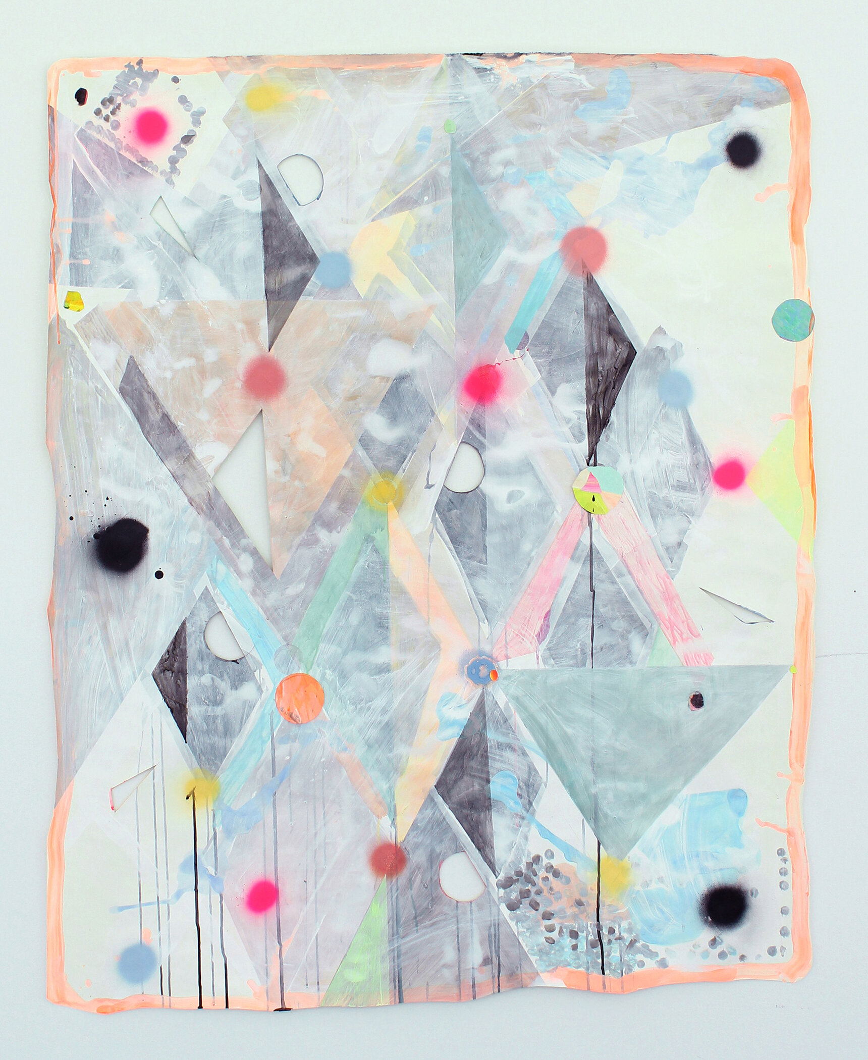   Head on the ground, feet in the clouds,  2019 Acrylic, gouache, spray paint, graphite powder, ink and collage on cut paper 55 x 44 1/2 inches  