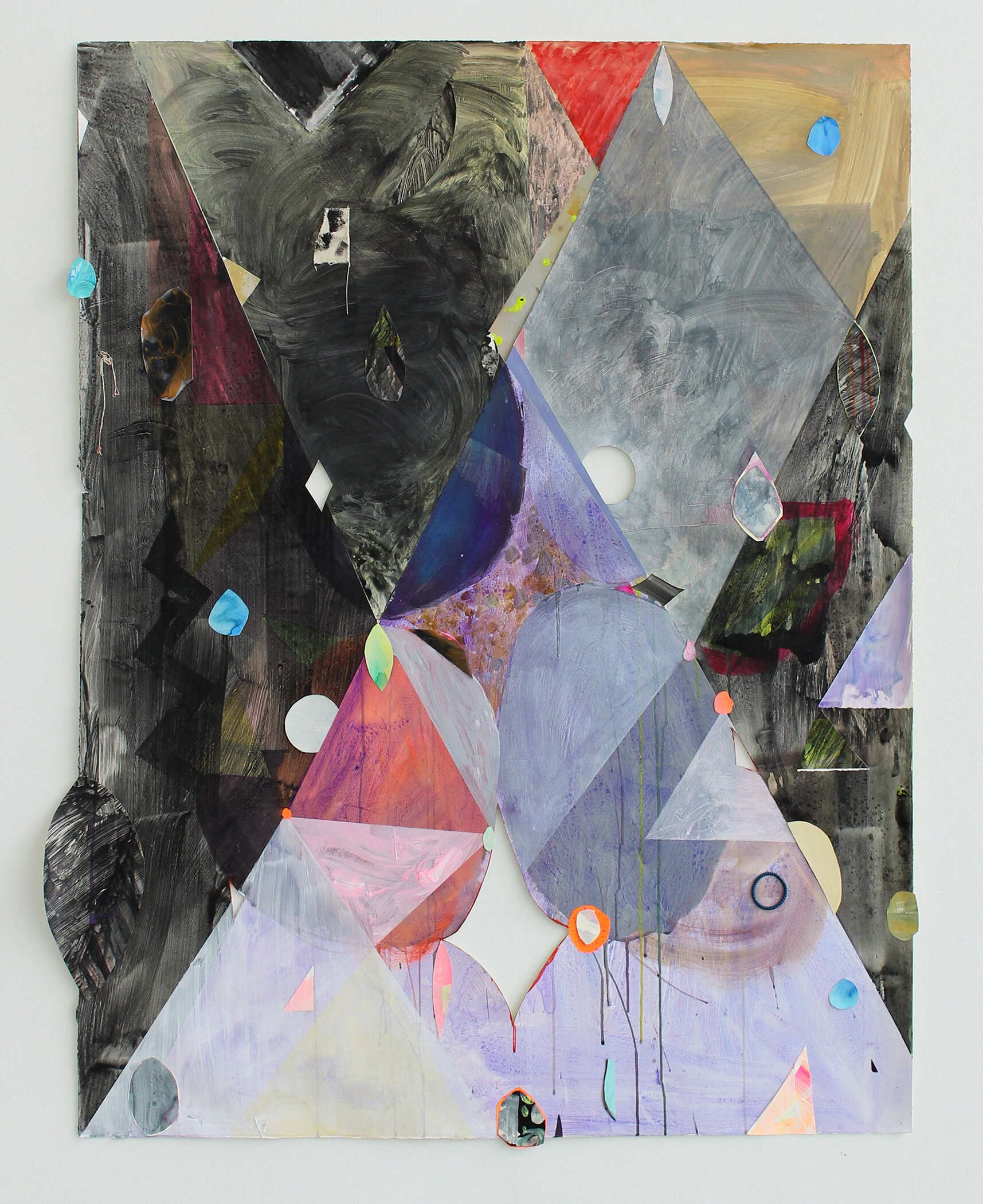   Moon Shapes , 2019 Acrylic, gouache, graphite powder, canvas, rubber band and collage on cut paper 55 1/2 x 44 1/2 inches  
