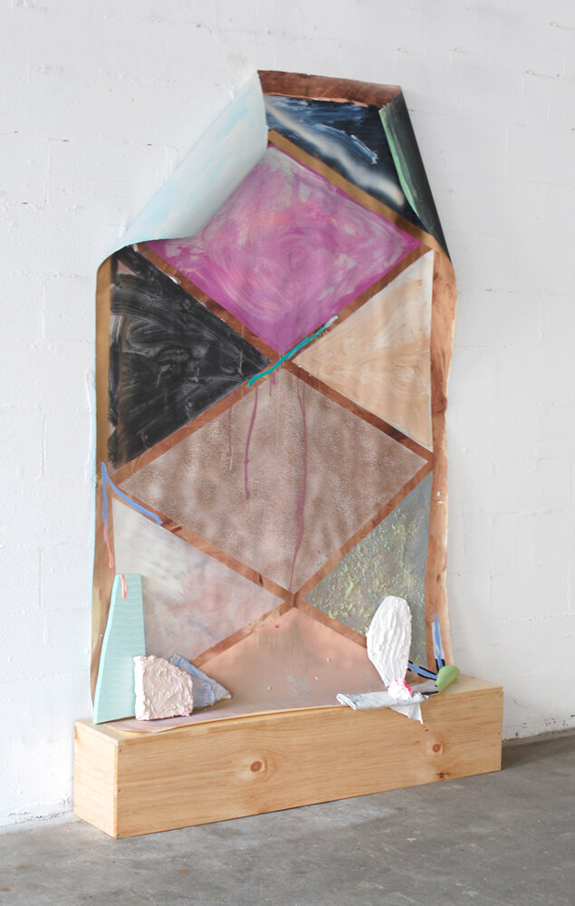   Autotelic , 2014 Latex, gouache, acrylic and spray paint on paper, wood, foam, plaster, painter's rag  108 x 60 x 12 inches  