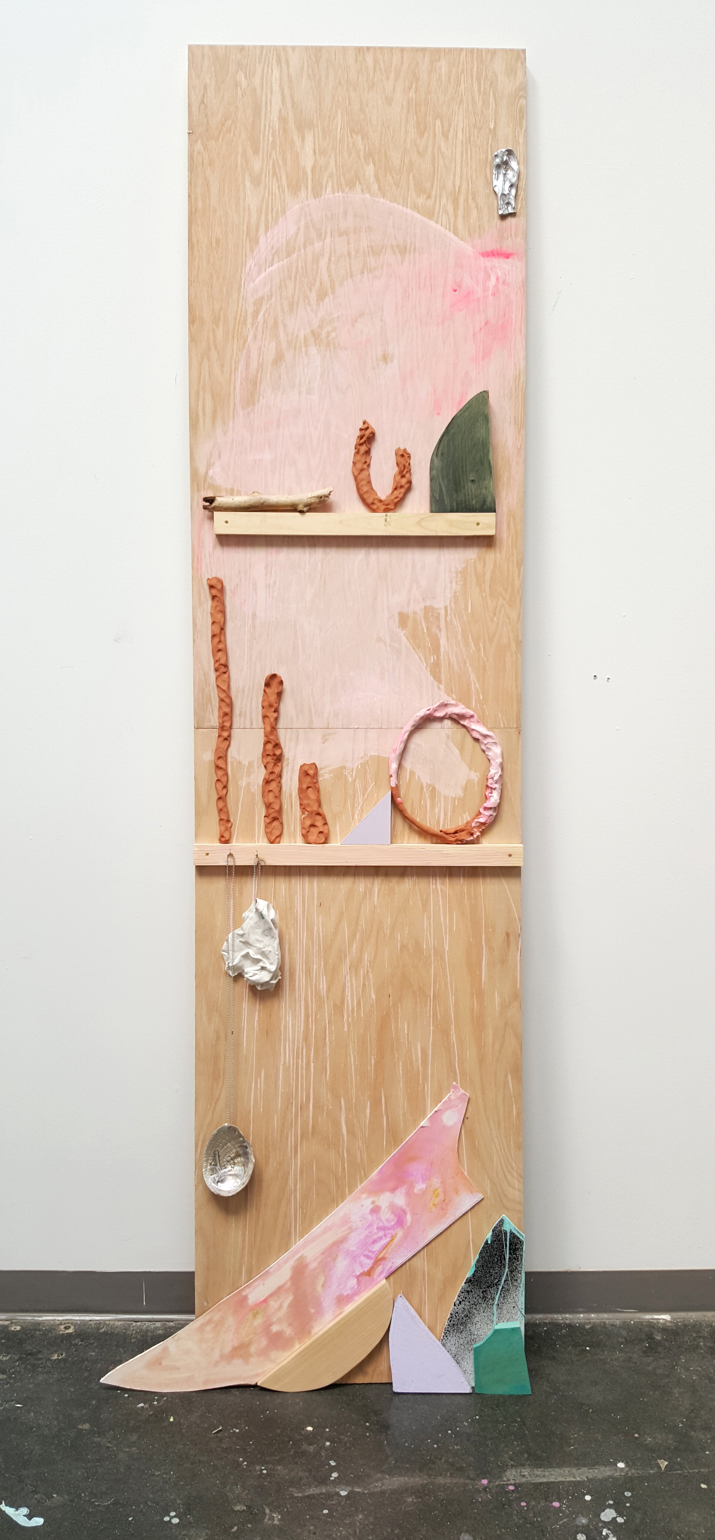   The Fertility Goddess Imagines the Structure of the Universe, Part 3 (Cabinet of Curiosities) , 2016 Cut and painted wood, self-firing clay, hooks, ball chain, canvas, plaster, shell, acrylic, gouache and spray paint 96 x 24 inches 