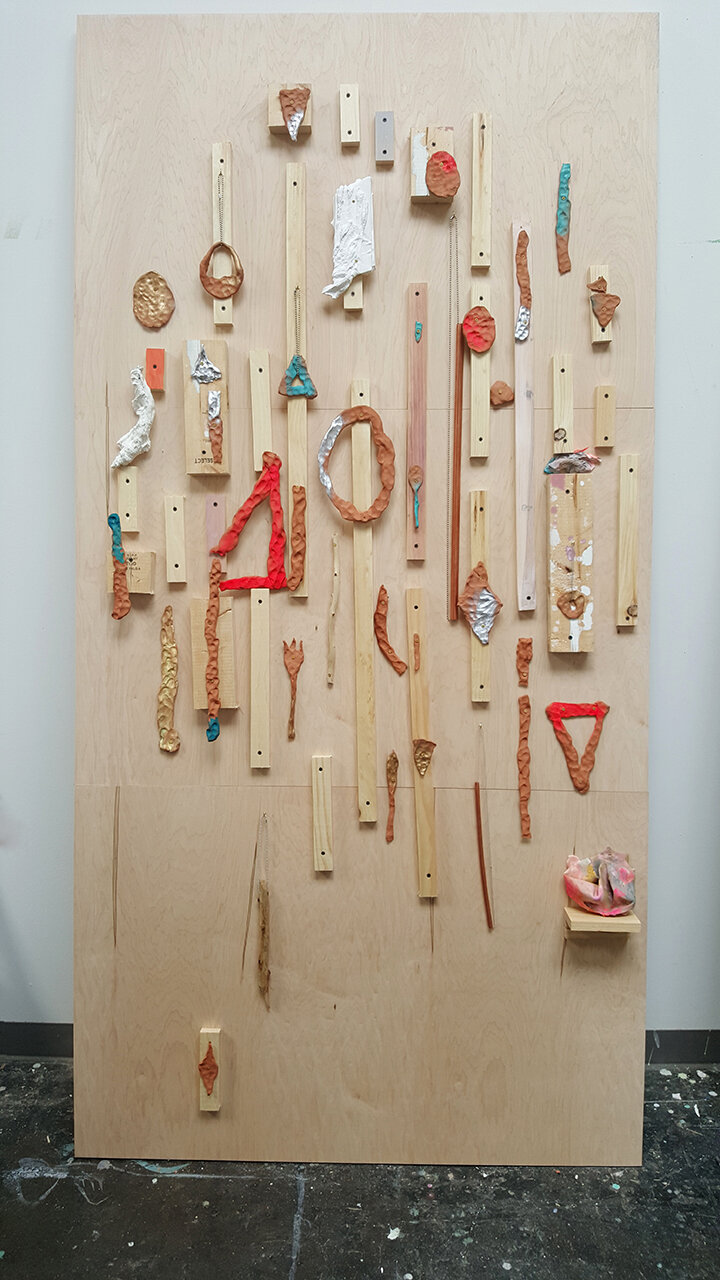   The Fertility Goddess Imagines the Structure of the Universe, Part 1 (Flatware),  2016 Cut and painted wood, self-firing clay, copper pipe, ball chain, hooks, screws, acrylic, gouache and spray paint 96 x 48 inches 