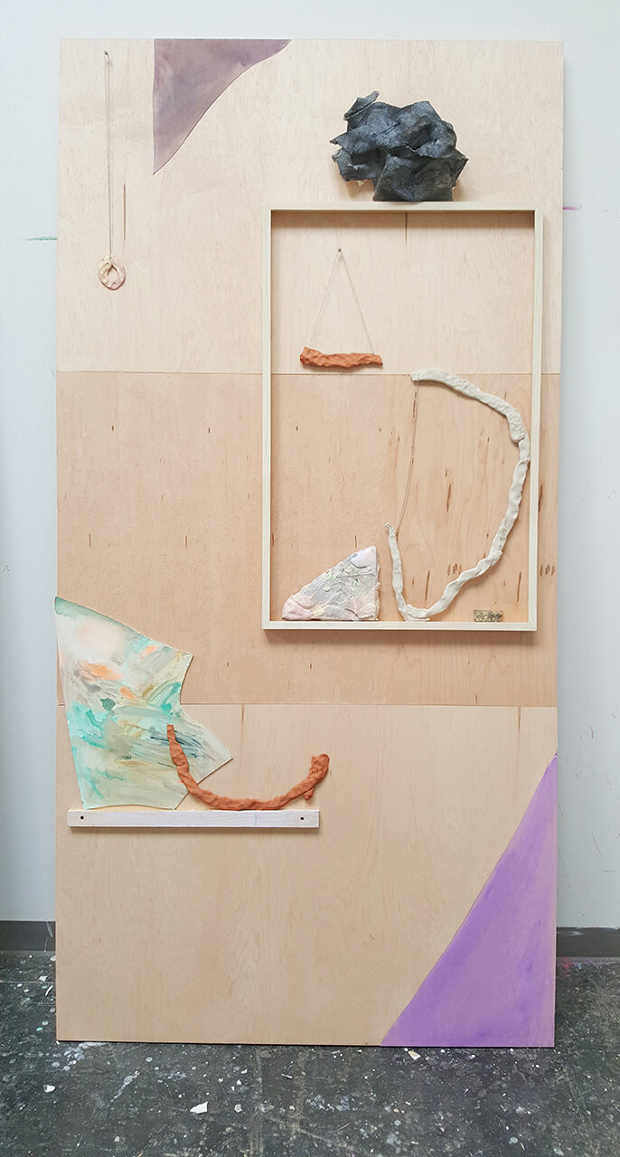   The Fertility Goddess Imagines the Structure of the Universe, Part 2 (Empty Frame ), 2016 Cut and painted wood, foam, plaster, self-firing clay, canvas, acrylic, gouache and spray paint 96 x 48 inches 