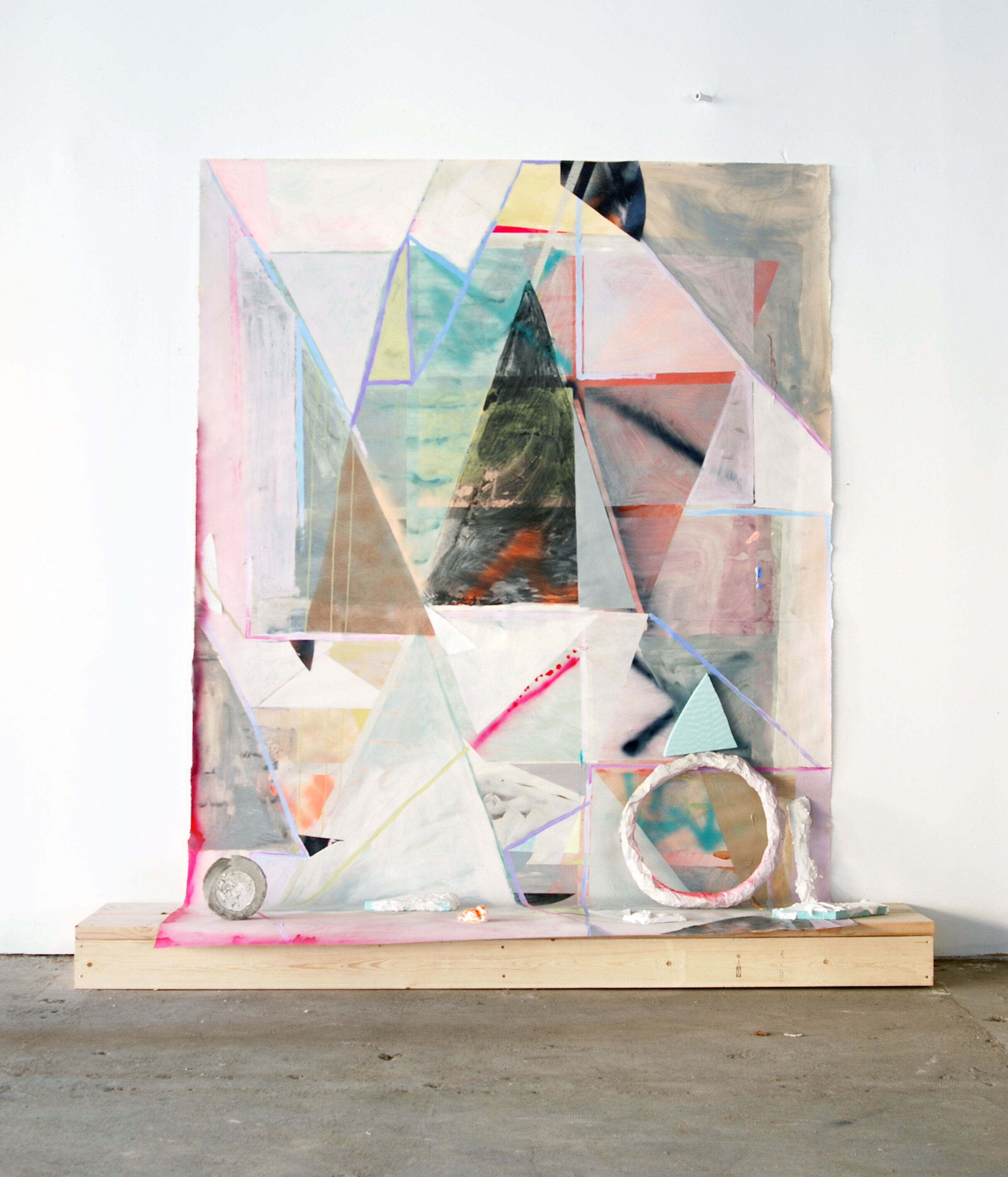   Poor Pythagoras , 2014 Latex, gouache, acrylic, spray paint, image transfers and collage on paper, wood, foam, paper mache, plaster and cement 120 x 84 x 24 inches  
