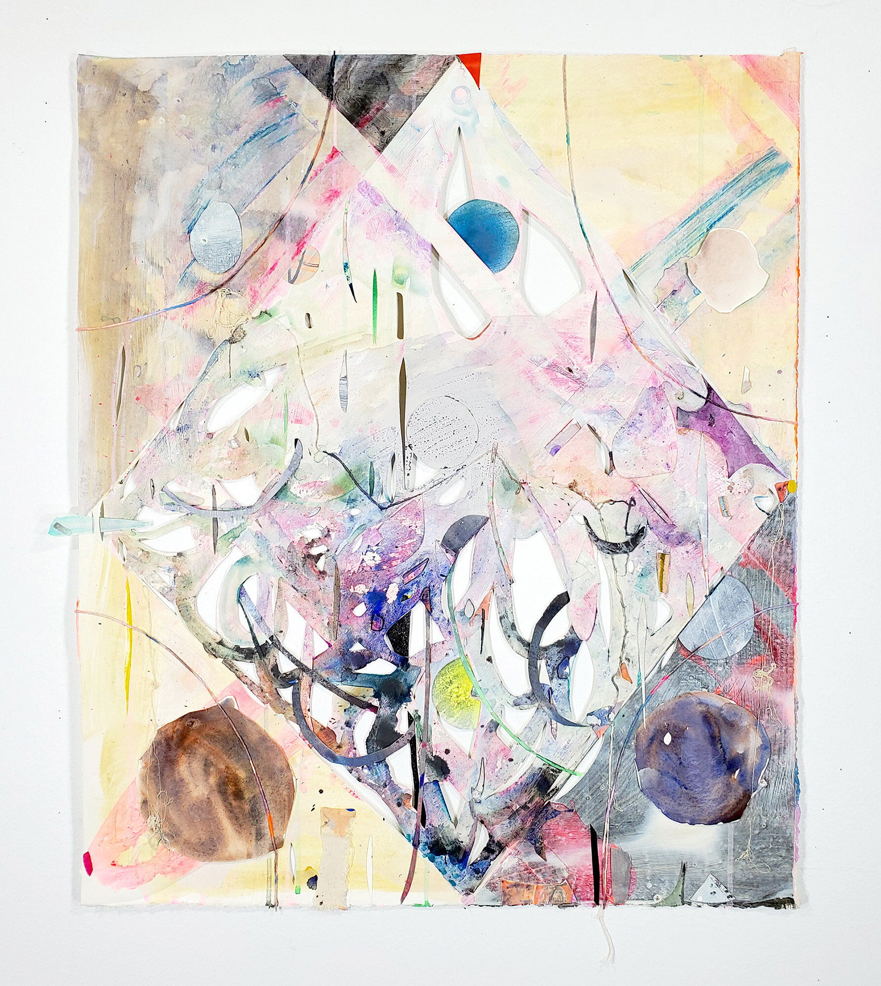   Weightless , 2020 Graphite powder, gouache, acrylic, spray paint, canvas, and string on cut and collaged paper 30 x 24 ½ inches  