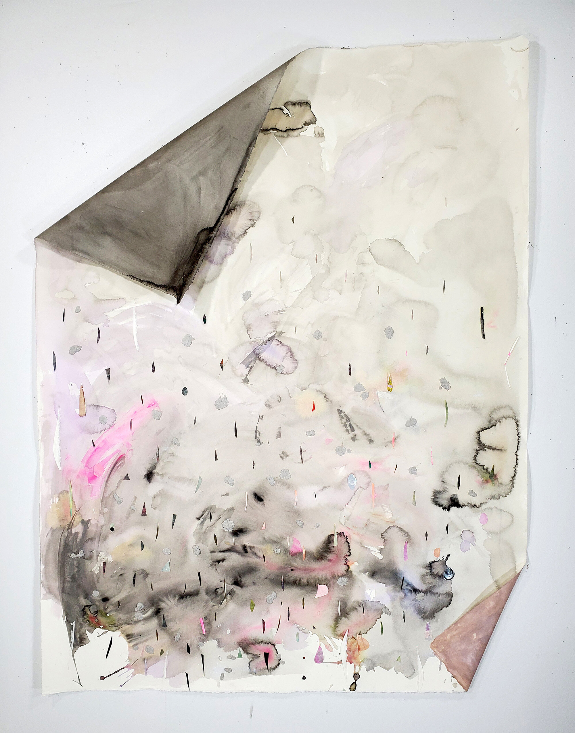   A Hard Rain , 2020 Graphite powder, gouache, acrylic, flashe, spray paint, glitter paint and paper pulp on cut and folded paper 55 x 42 1/2 x 3 inches 