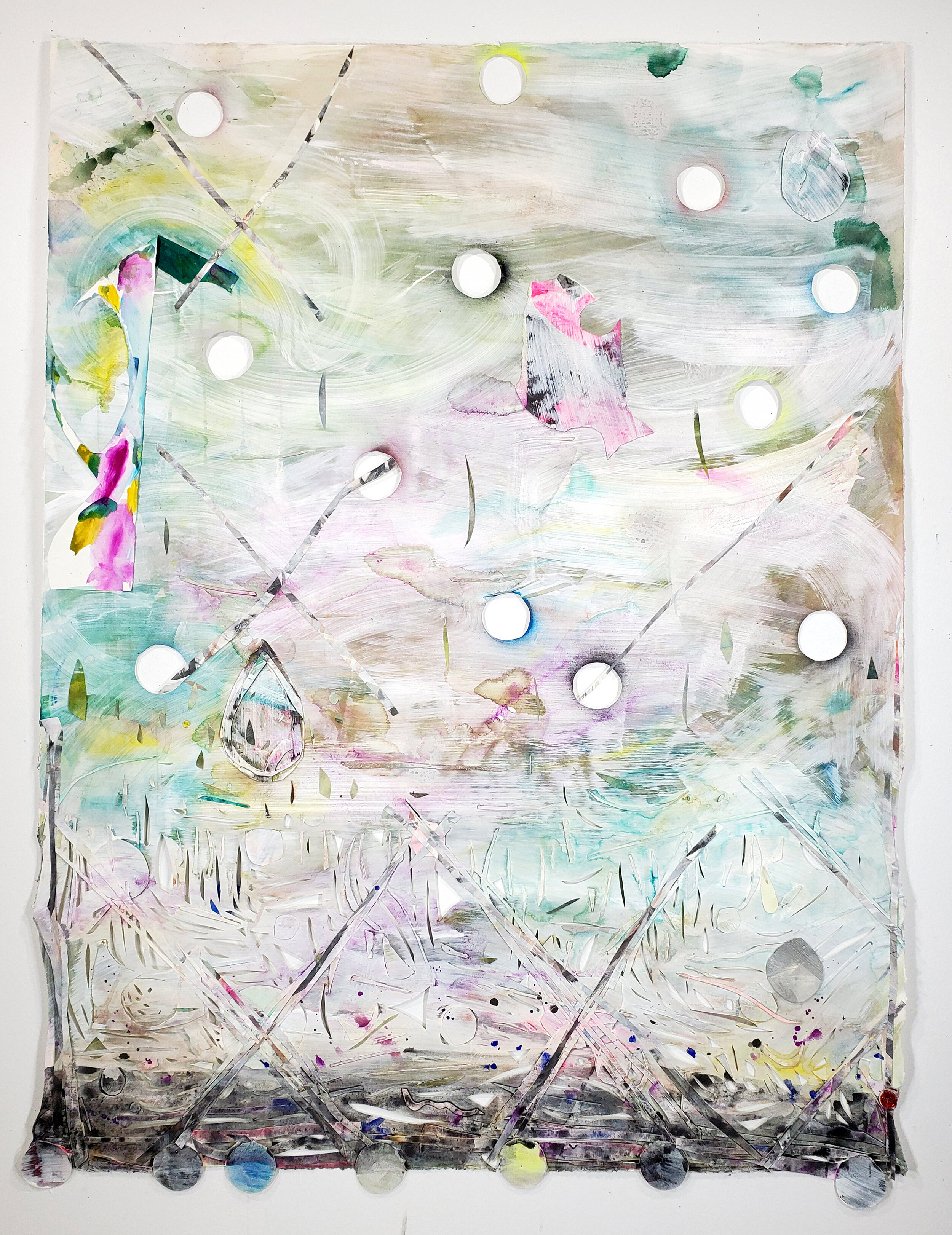  The Wrong Green, 2020 Graphite powder, gouache, acrylic, flashe, spray paint and glitter paint on cut and collaged paper 57 x 43 inches 