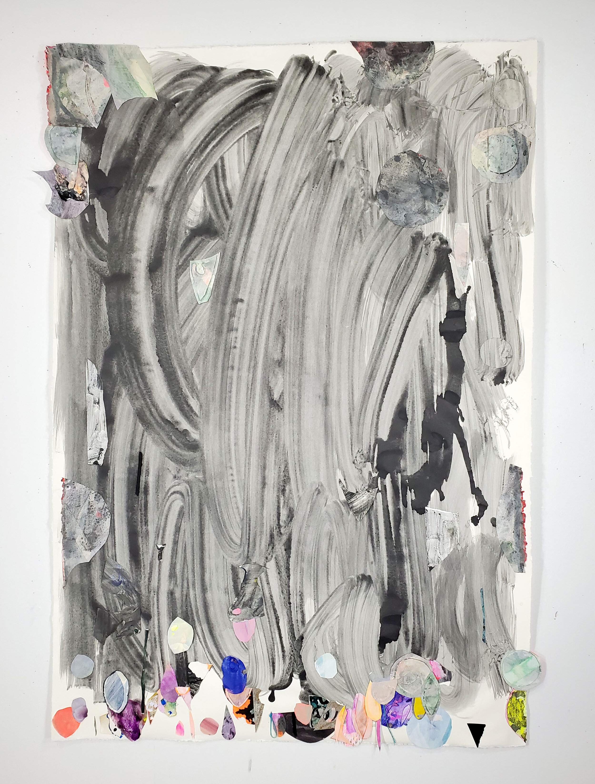   The Flood , 2020 Graphite powder, gouache, acrylic, flashe, glitter paint, canvas and string on paper 56 x 38 inches 