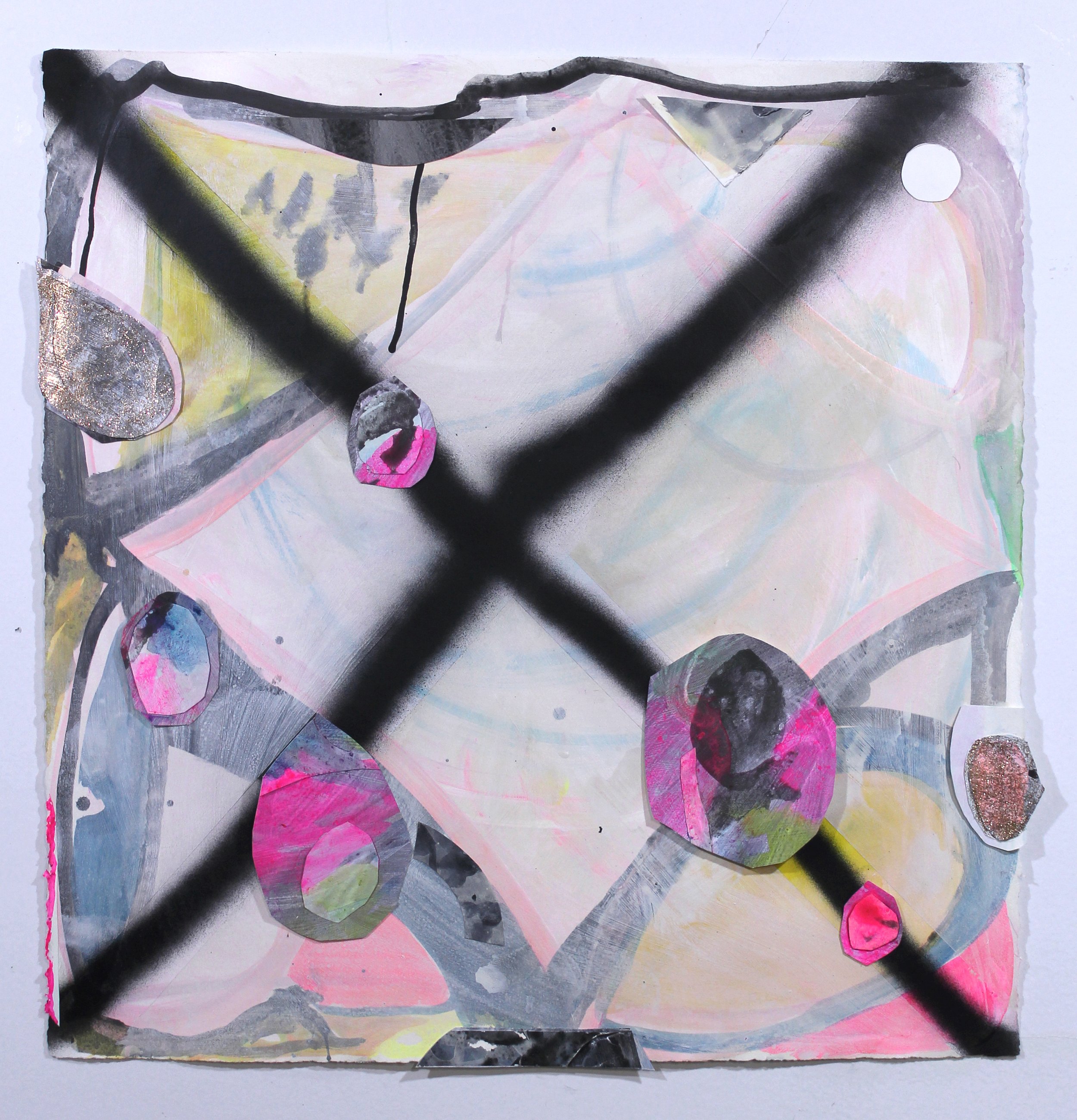   Extricate , 2020 Graphite powder, gouache, acrylic, watercolor, canvas, glitter paint and collage on paper 27 ½ x 27 inches  