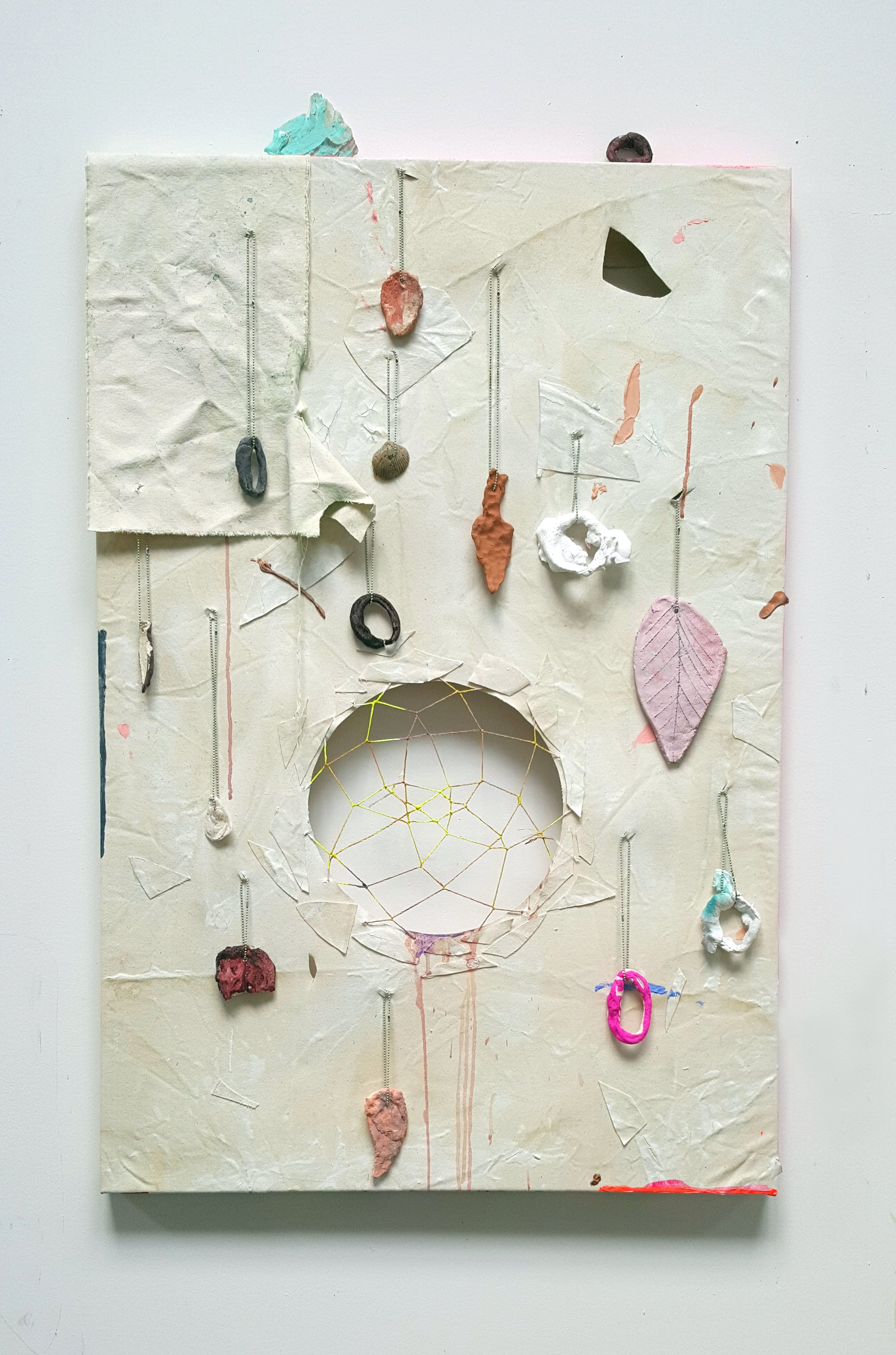   Very Superstitious , 2016 Acrylic, gouache, latex, watercolor on canvas, with salt dough, plaster, clay components, ball chain and thread. 40 x 32 inches  