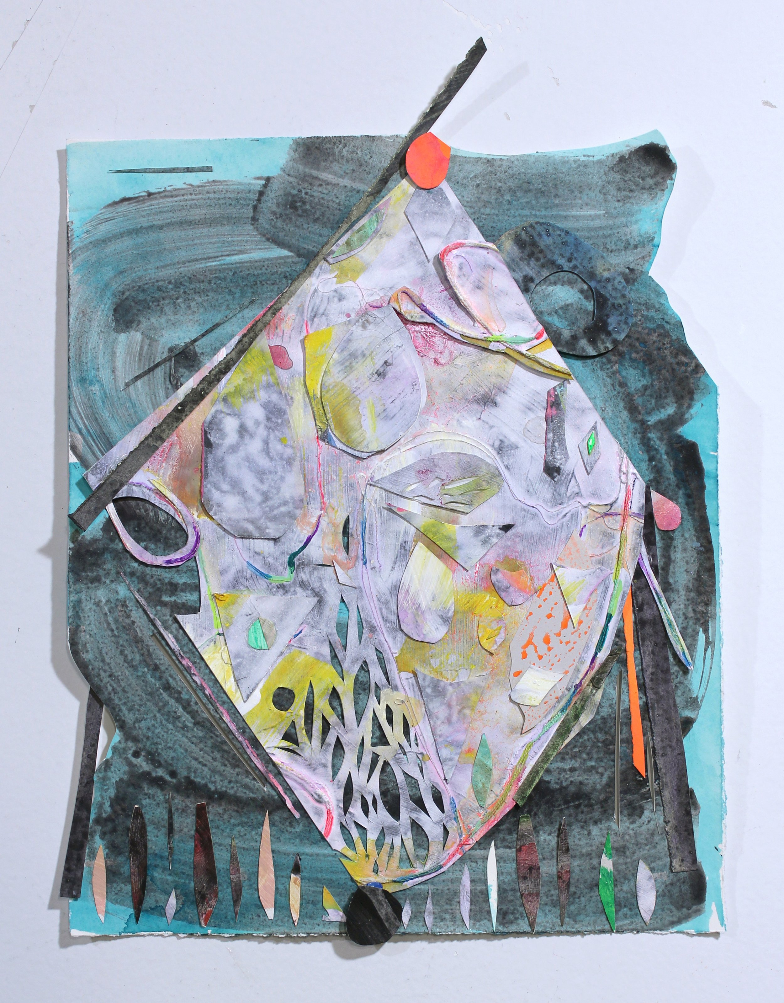   Abyss Face , 2020 Graphite powder, gouache, acrylic, watercolor and string on cut and collaged paper 16 x 11 inches  