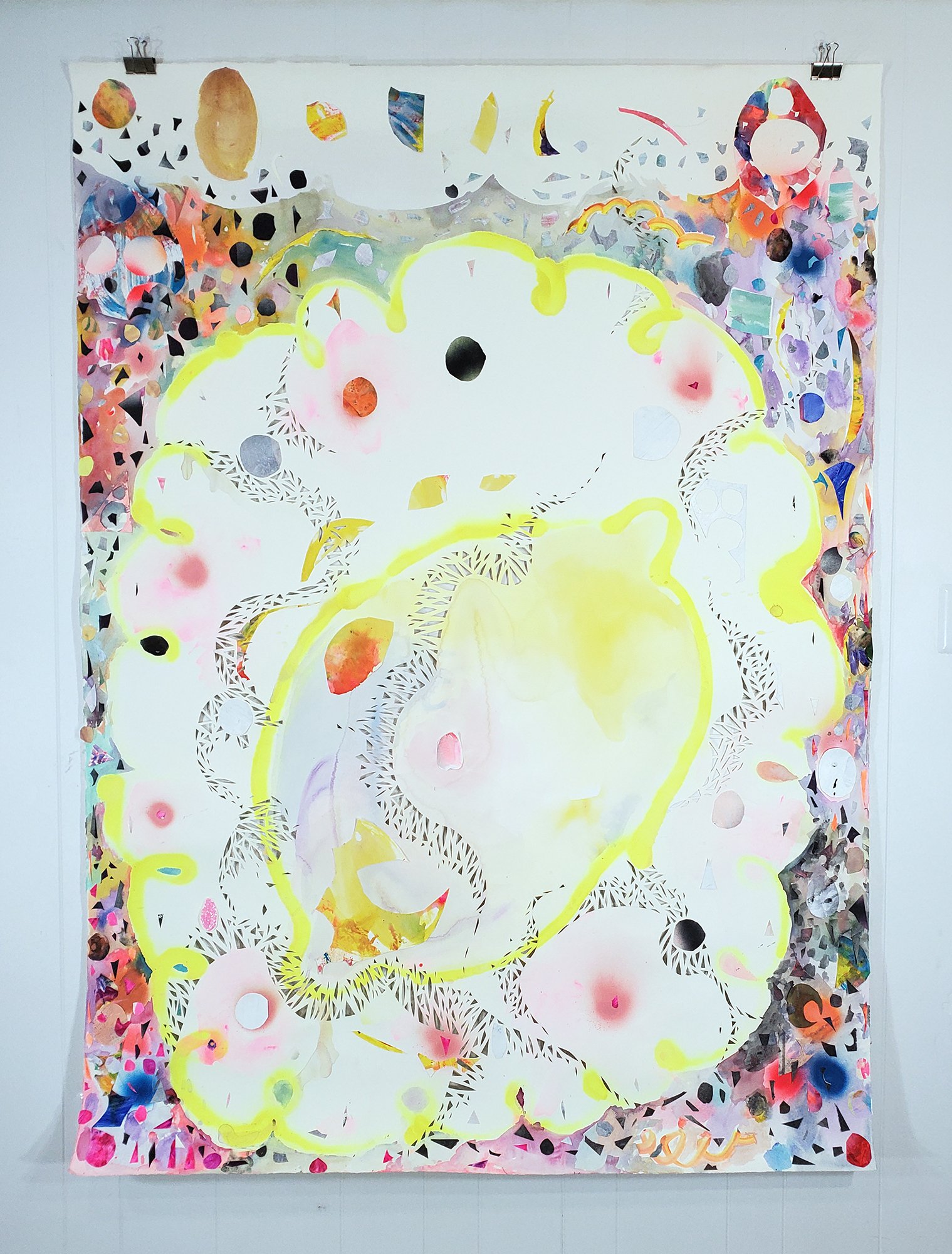   Cosmic Lemon , 2022 Spray paint, acrylic, gouache, flashe, graphite powder, glitter paint and coffee on cut and collaged paper 78 x 55 1/2 inches 