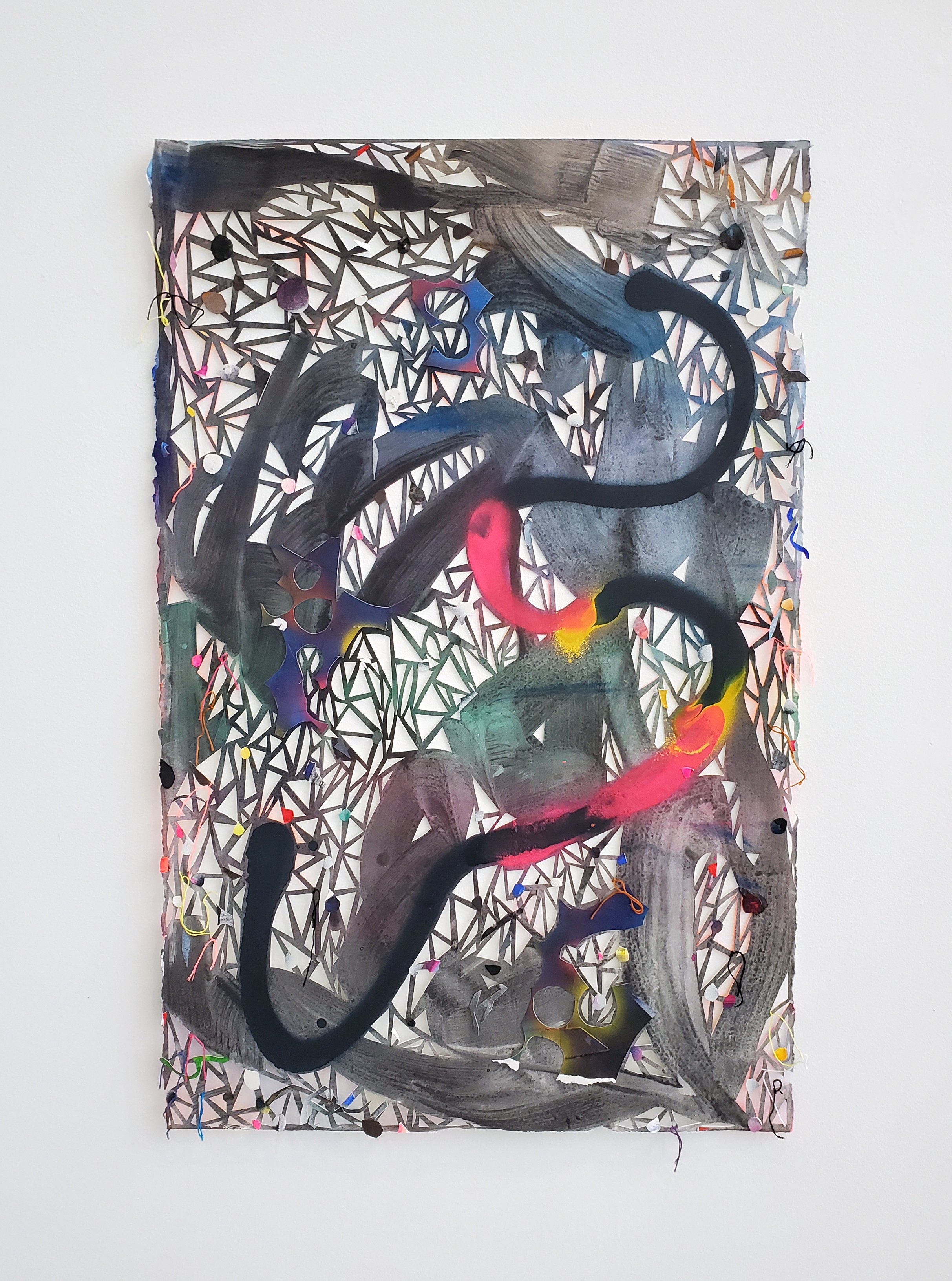   Primordial Swoop , 2023 Graphite powder, spray paint, gouache, acrylic, flashe, glitter paint and embroidery floss on hand cut and collaged paper 41 x 26 1/4 inches 