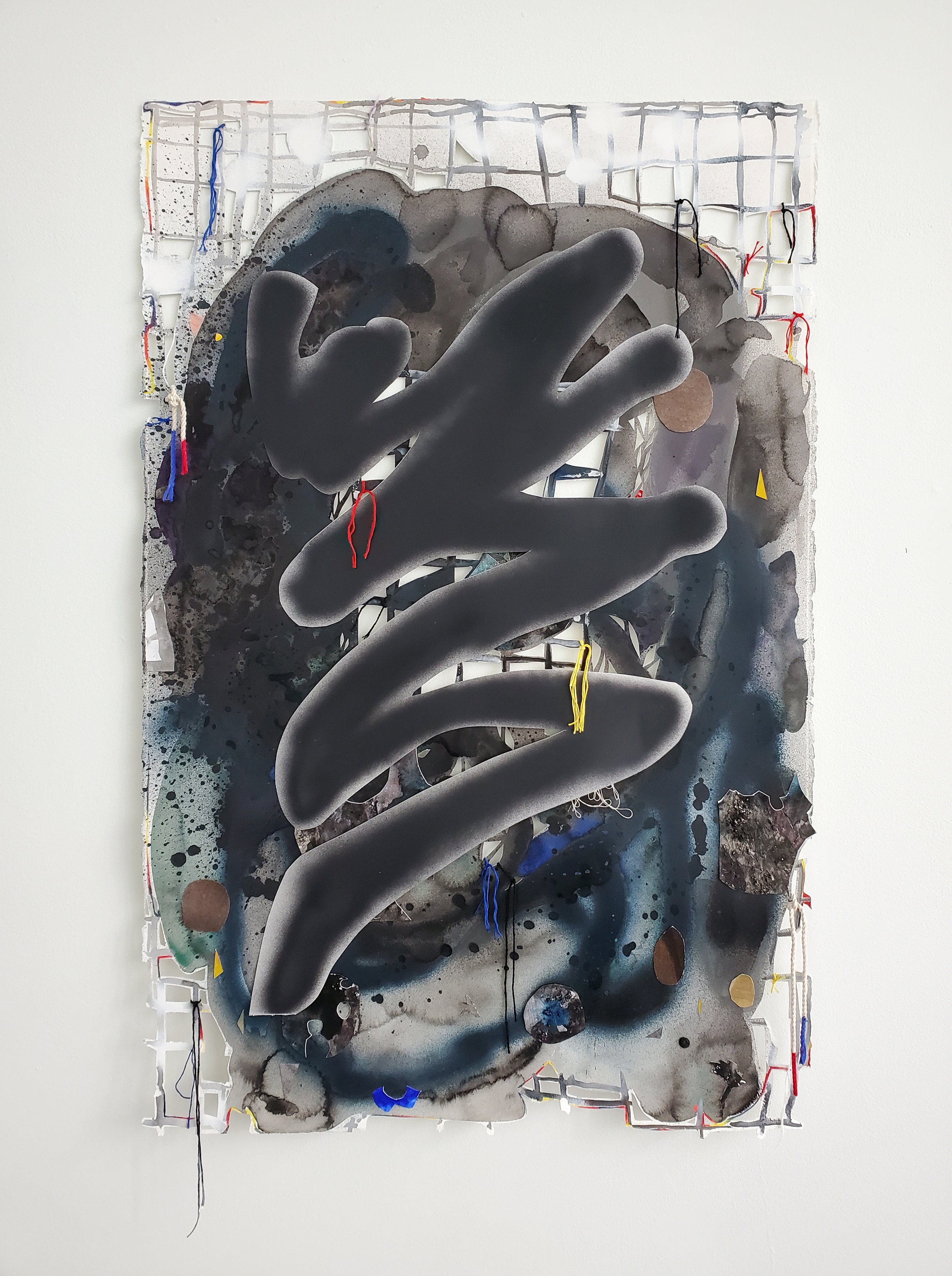   The Editor,  2023 Spray paint, gouache, acrylic, flashe, pumice gel, celluclay, graphite, colored pencil, embroidery floss and painted kitchen twine on hand cut and collaged paper 46 x 27 inches 