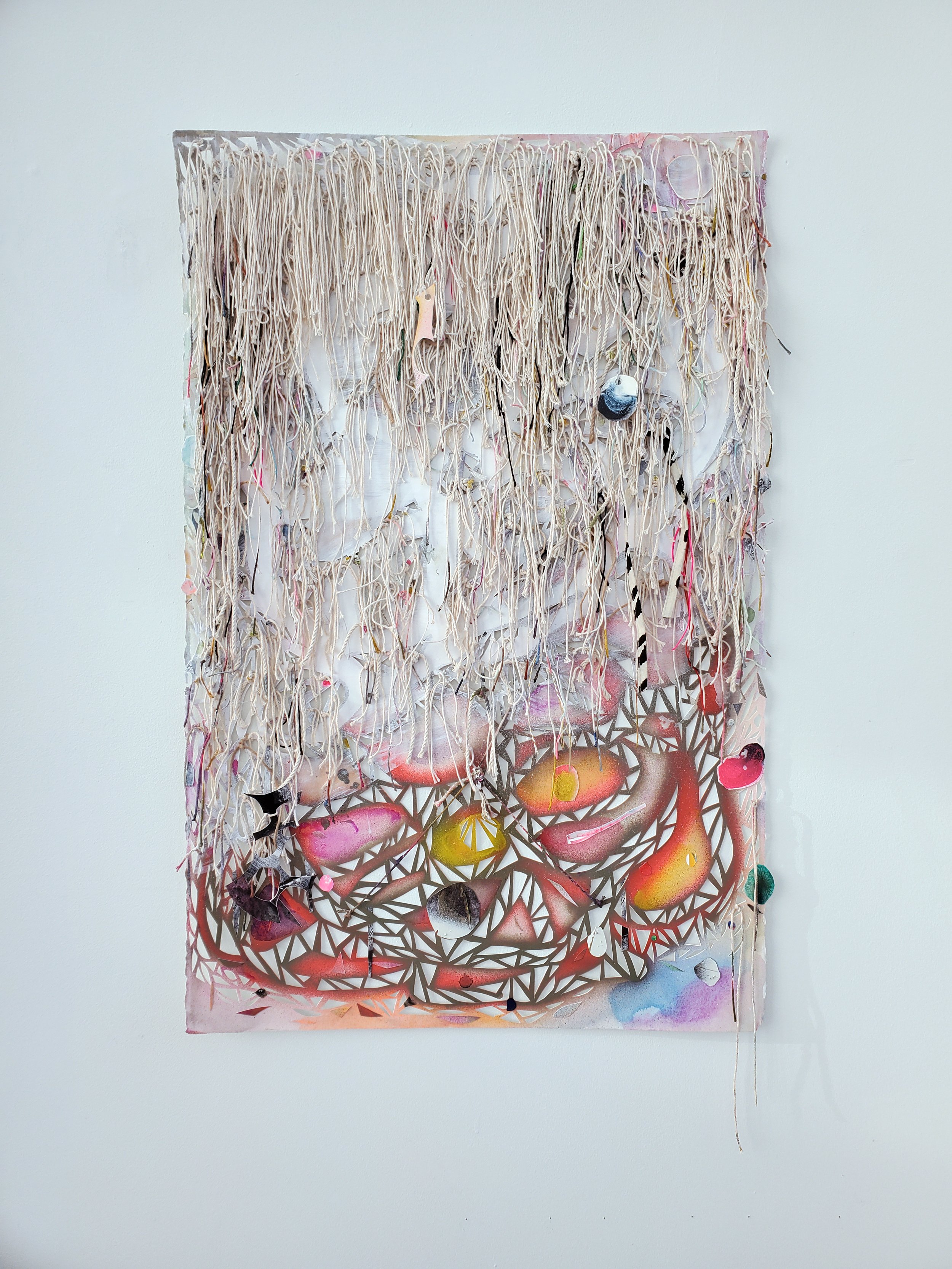   Lover’s Knot , 2023 Spray paint, gouache, acrylic, flashe, kitchen twine, embroidery floss, string and found material on hand cut and collaged paper 46 x 27 inches 