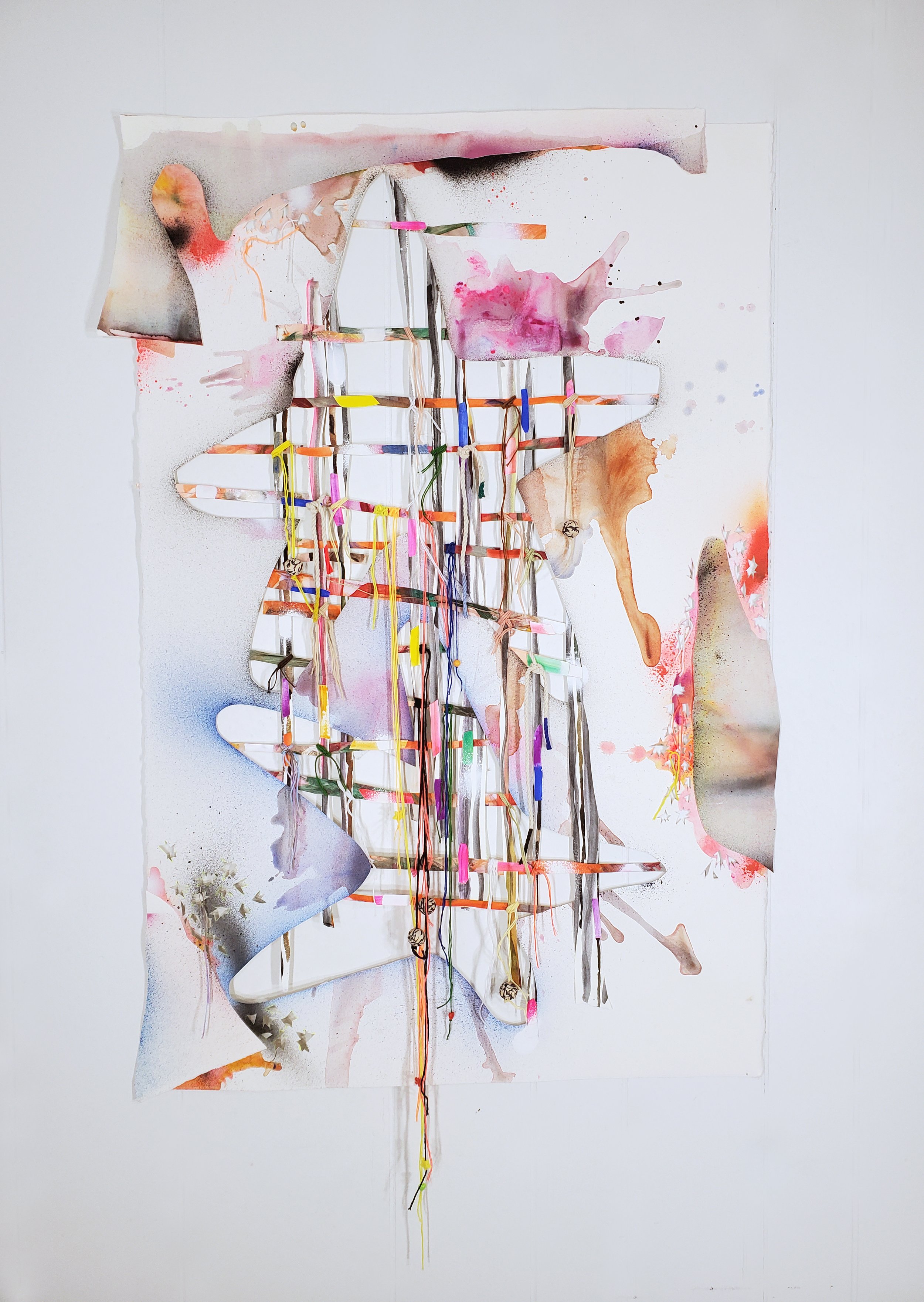   Star-Crossed , 2024 Spray paint, acrylic, gouache, flashe, cotton twine, embroidery floss, found string, sharpie, colored pencil, wood beads and plastic beads on hand cut and collaged paper 27 1/2 x 46 inches 