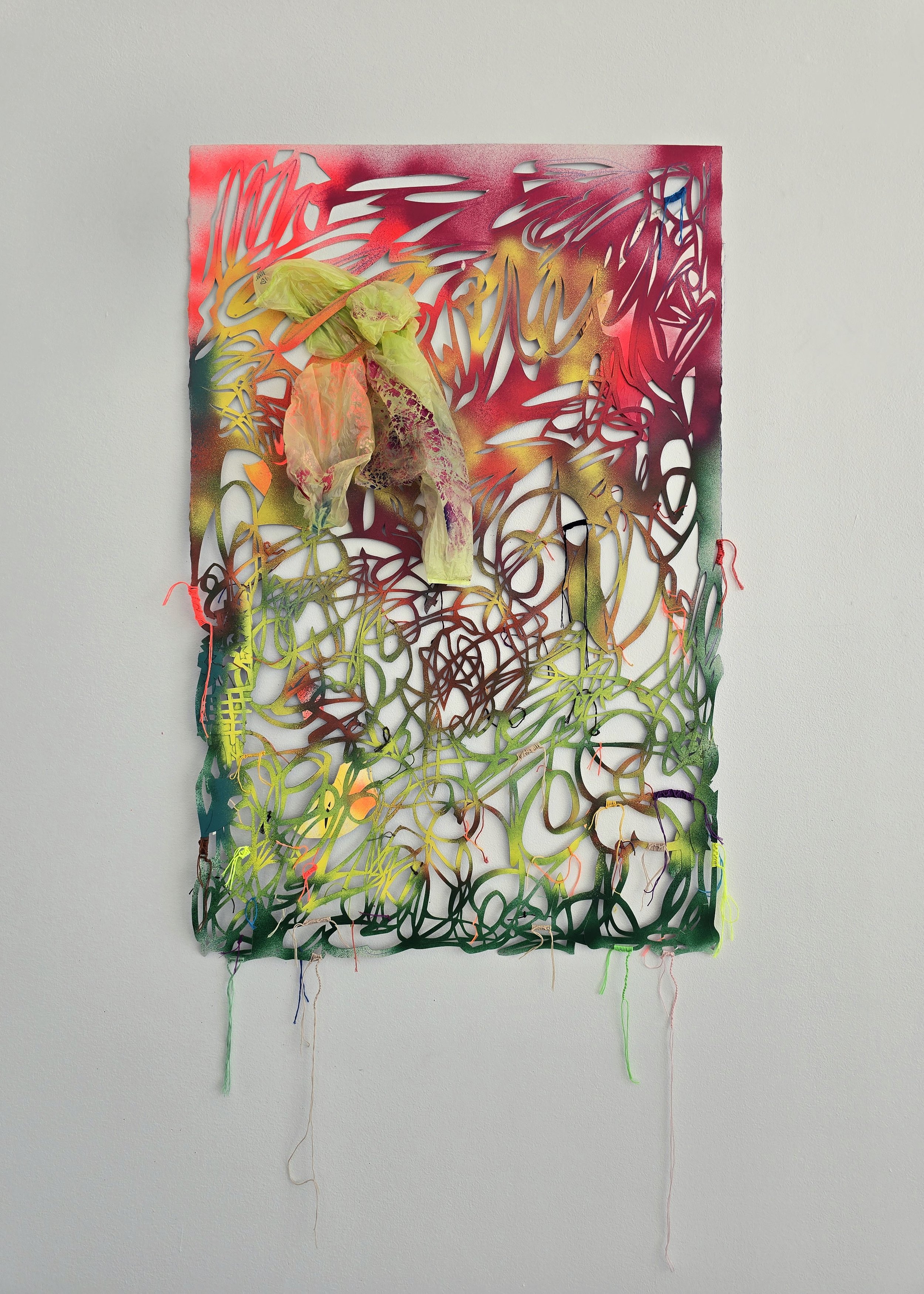 She Power, 2025 Spray paint, acrylic, gouache, colored pencil, embroidery floss and plastic bag on hand cut and collaged paper 57 × 29 × 2 inches