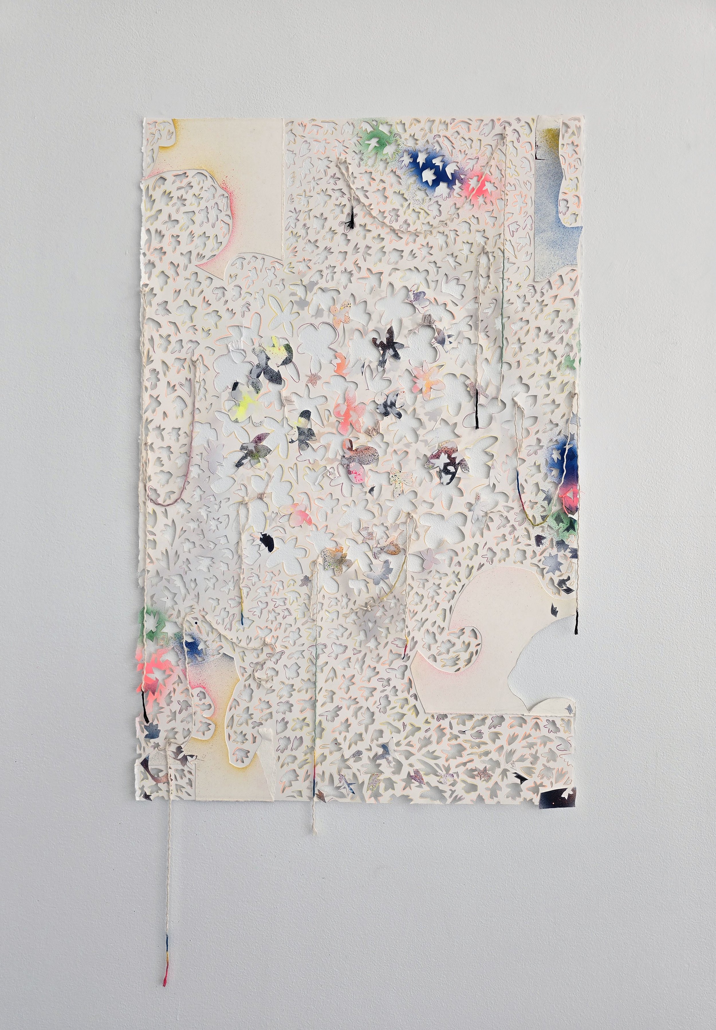 These Days , 2024 Spray paint, acrylic, gouache, colored pencil and cotton twine on hand cut and collaged paper 51 × 26 ½ inches