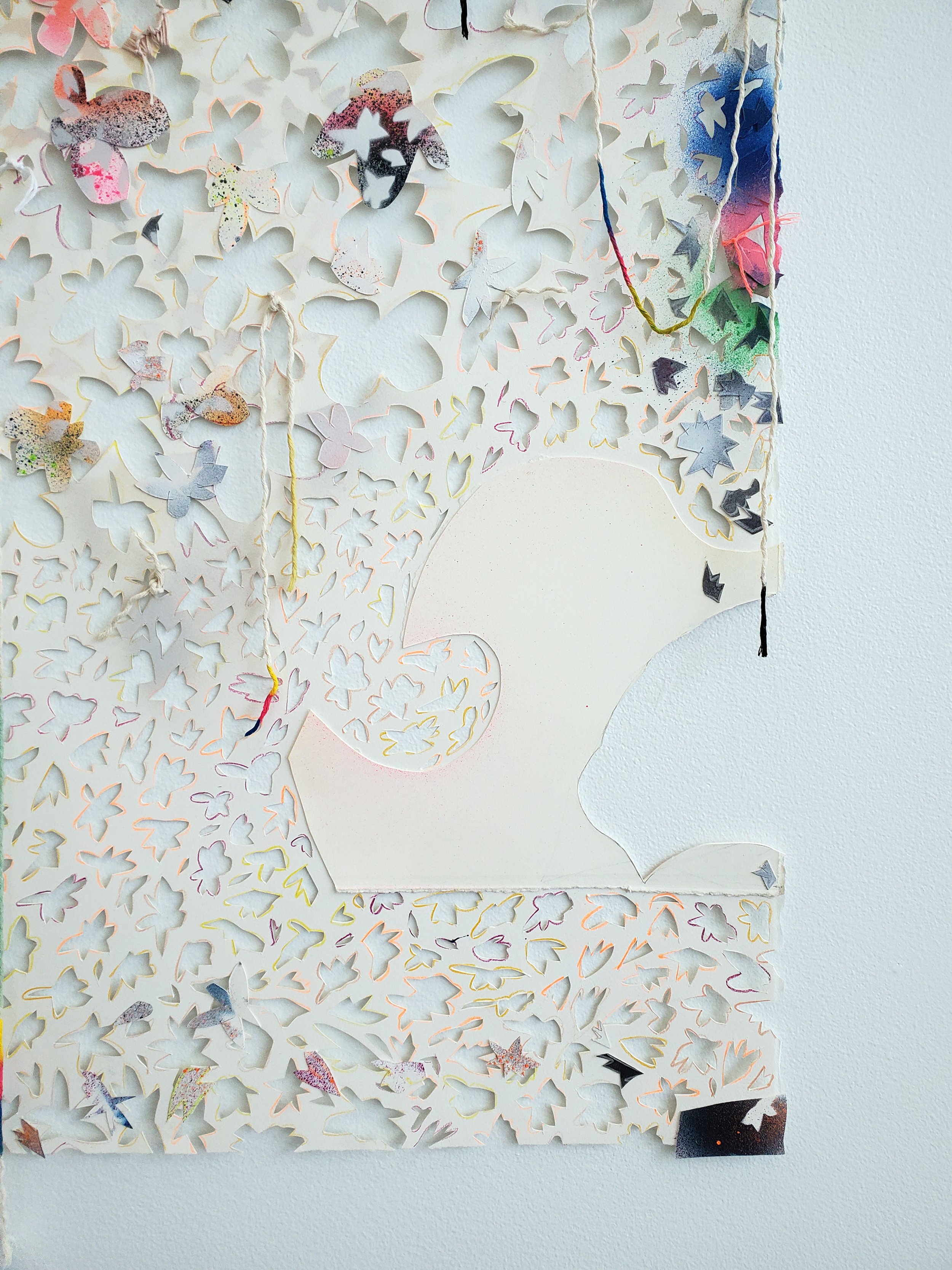 These Days , 2024, detail Spray paint, acrylic, gouache, colored pencil and cotton twine on hand cut and collaged paper 51 × 26 ½ inches