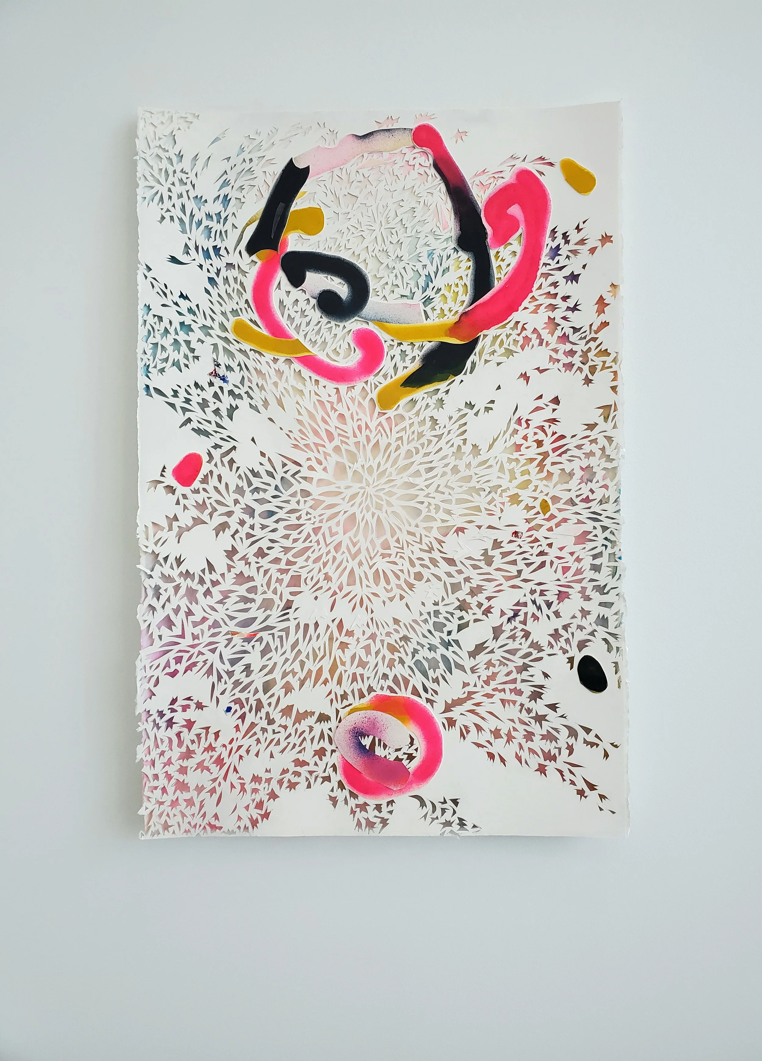 Spinning Infinity , 2024 Spray paint, gouache and graphite on hand cut and collaged paper 40 x 26 ¼ inches