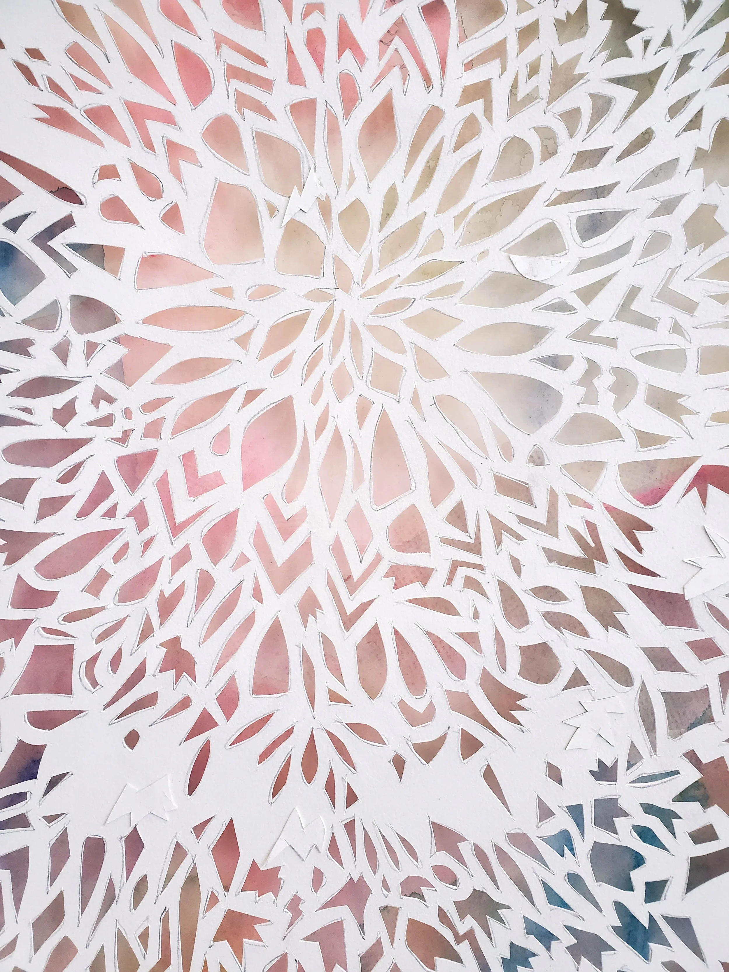 Spinning Infinity , 2024, detail Spray paint, gouache and graphite on hand cut and collaged paper 40 x 26 ¼ inches