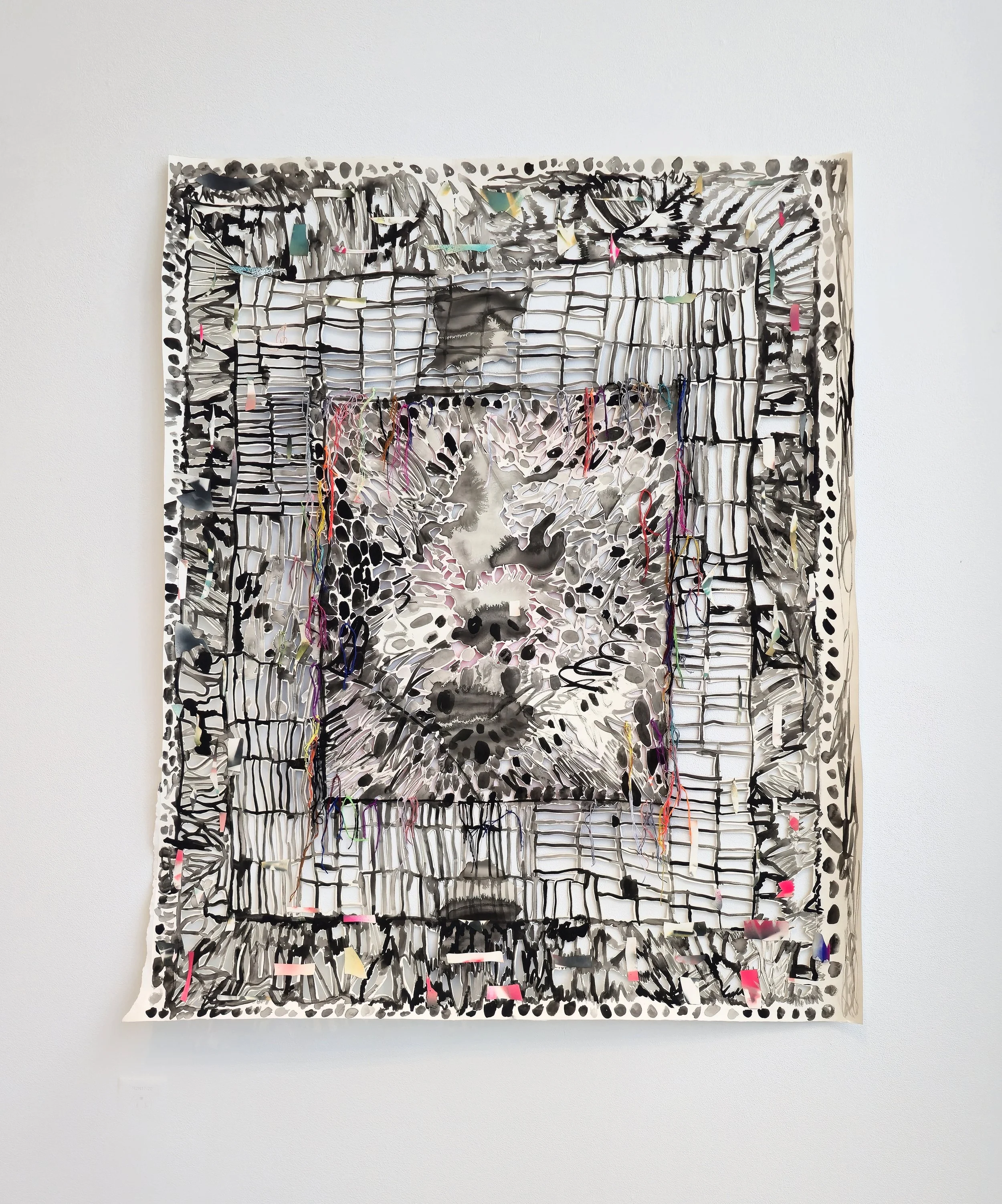   Albers, Backwards , 2025 Spray paint, gouache and embroidery floss on hand cut and collaged paper 55 x 45 inches 