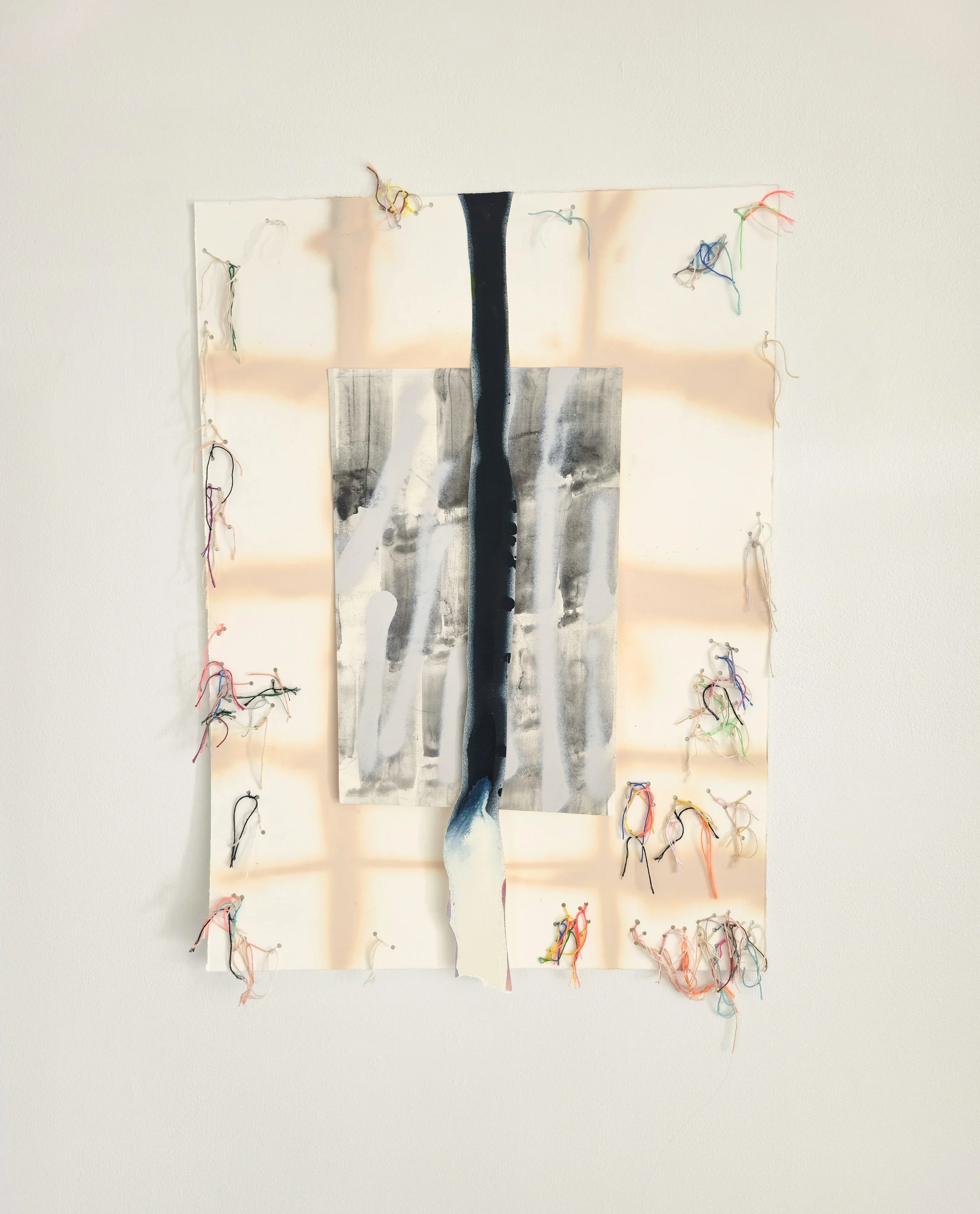   I Mustache You , 2025 Spray paint, graphite powder and embroidery thread on hand cut and collaged paper 36 x 22 inches 