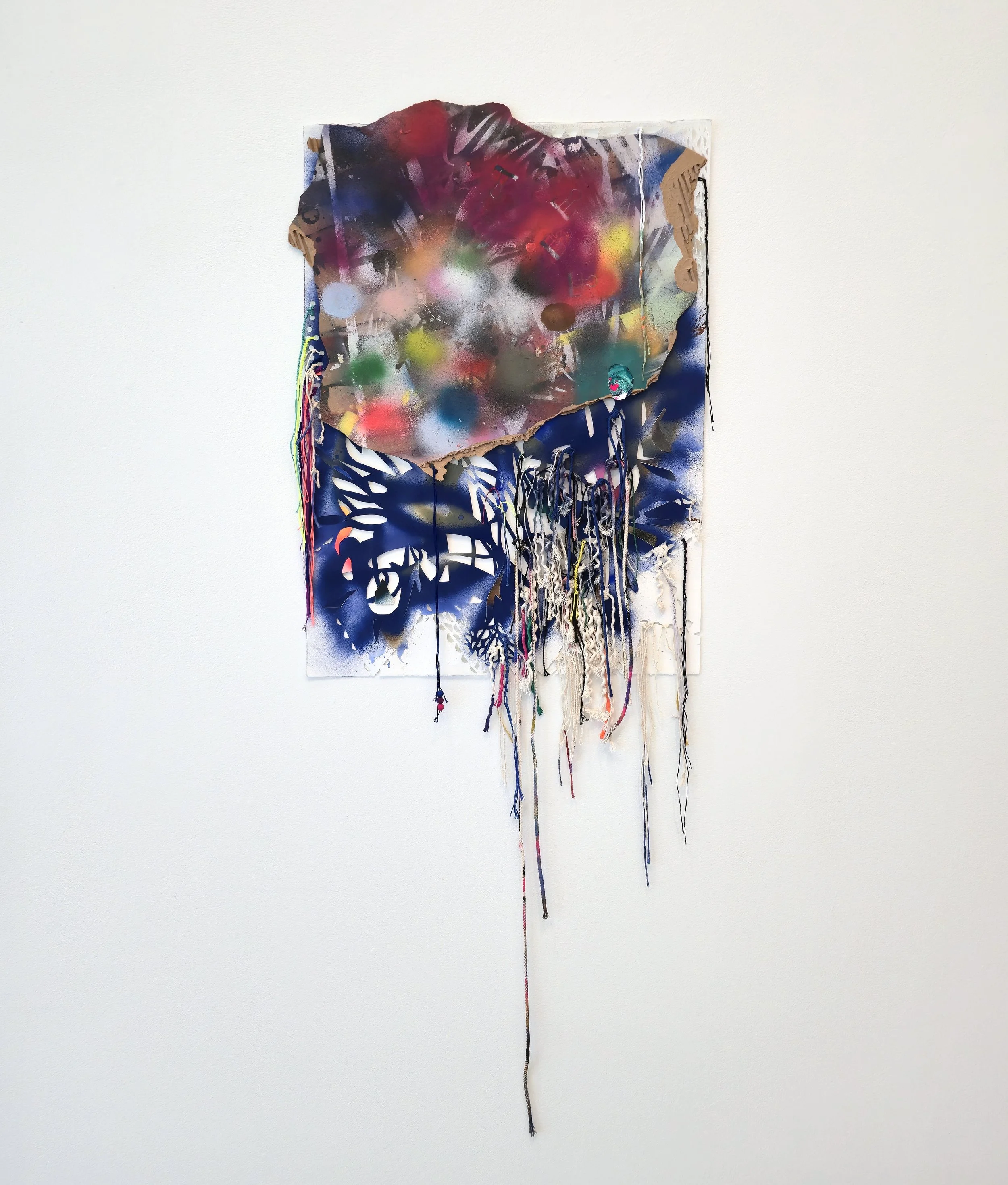   Pisces Moon, Nollendorfplatz , 2025 Spray paint, gouache, acrylic, flashe, embroidery floss, various string, plastic beads and cardboard on hand cut and collaged paper 46 x 23 inches 