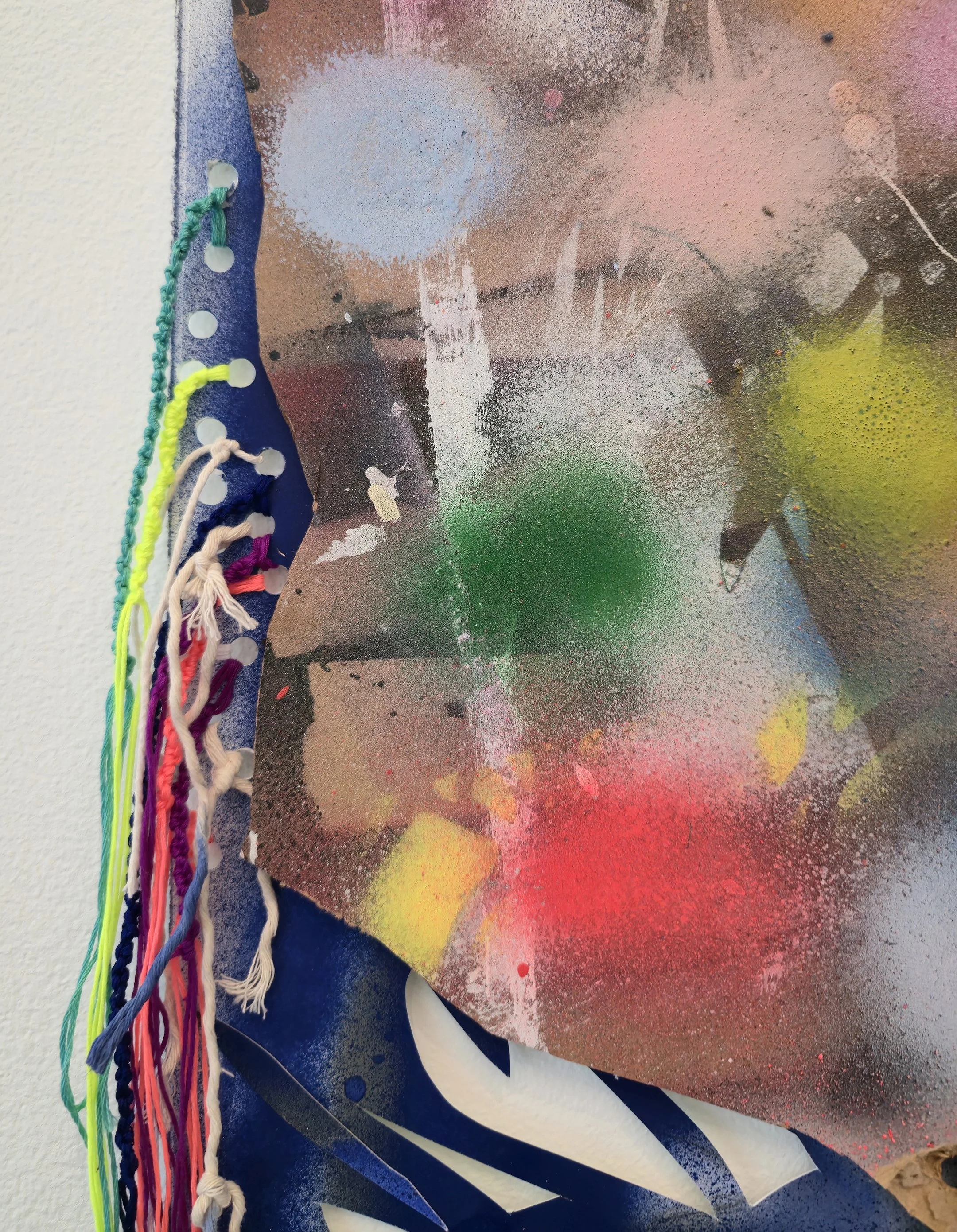   Pisces Moon, Nollendorfplatz , 2025, detail Spray paint, gouache, acrylic, flashe, embroidery floss, various string, plastic beads and cardboard on hand cut and collaged paper 46 x 23 inches 