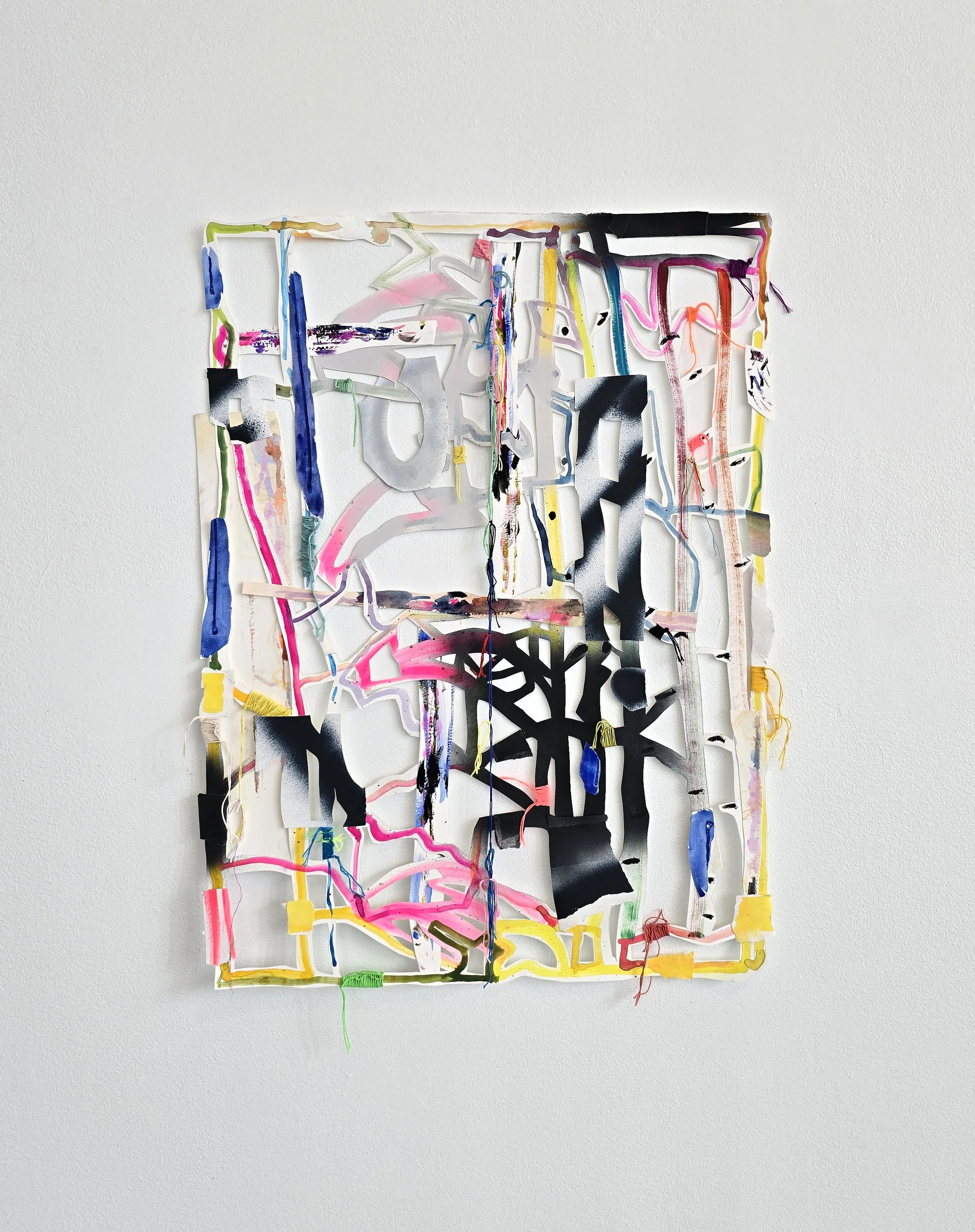   A Crooked Path,  2025 Spray paint, acrylic, gouache, flashe and embroidery floss on hand cut and collaged paper 31 x 23 inches 