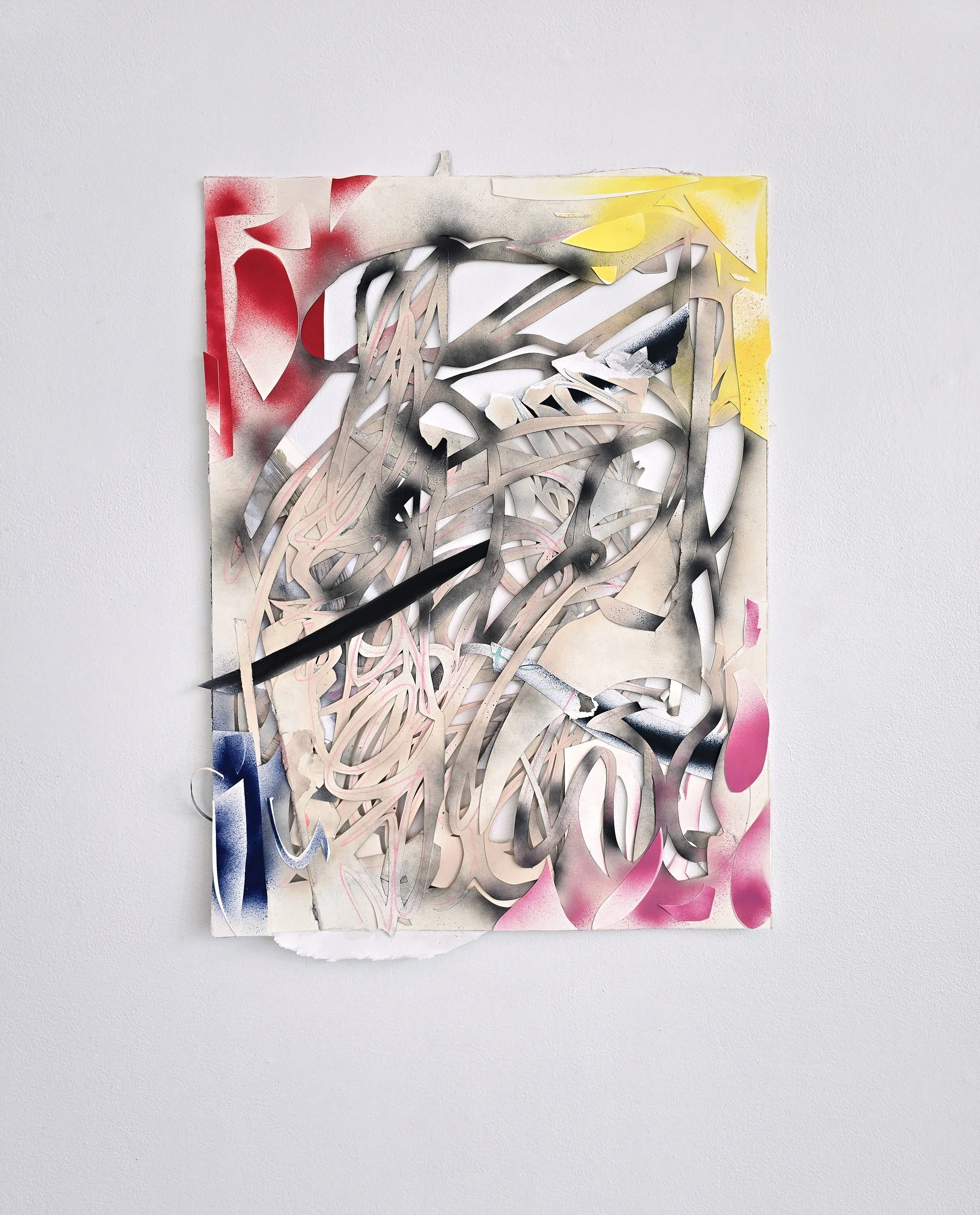   Bad Punctuation , 2025 Spray paint, gouache and colored pencil on hand cut and collaged paper 31 x 22 inches 