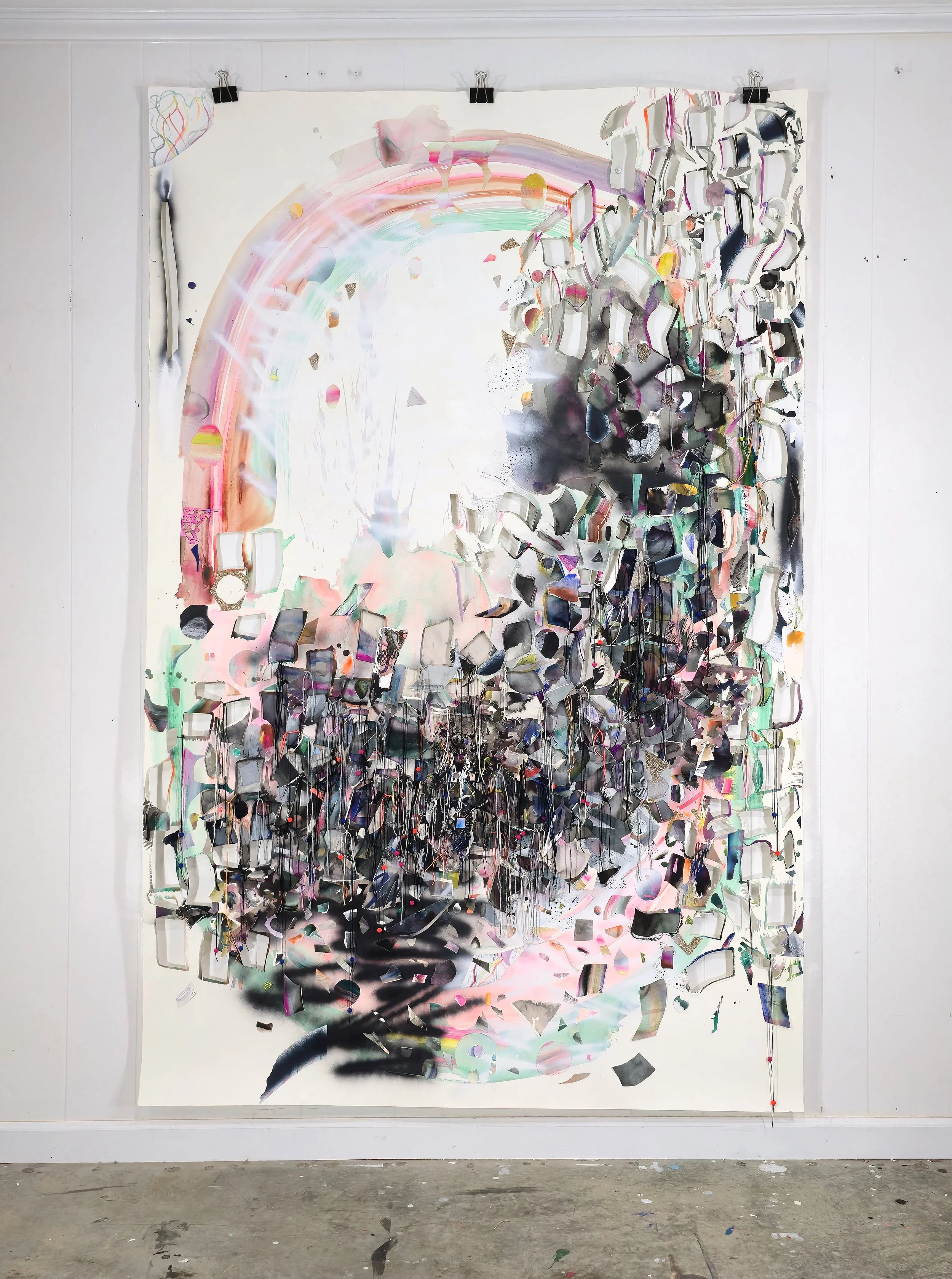   Gravity’s Rothko , 2025 Spray paint, acrylic, gouache, graphite powder, glitter paper, assorted string, plastic beads and embroidery floss on hand cut and collaged paper 85 x 55 inches 