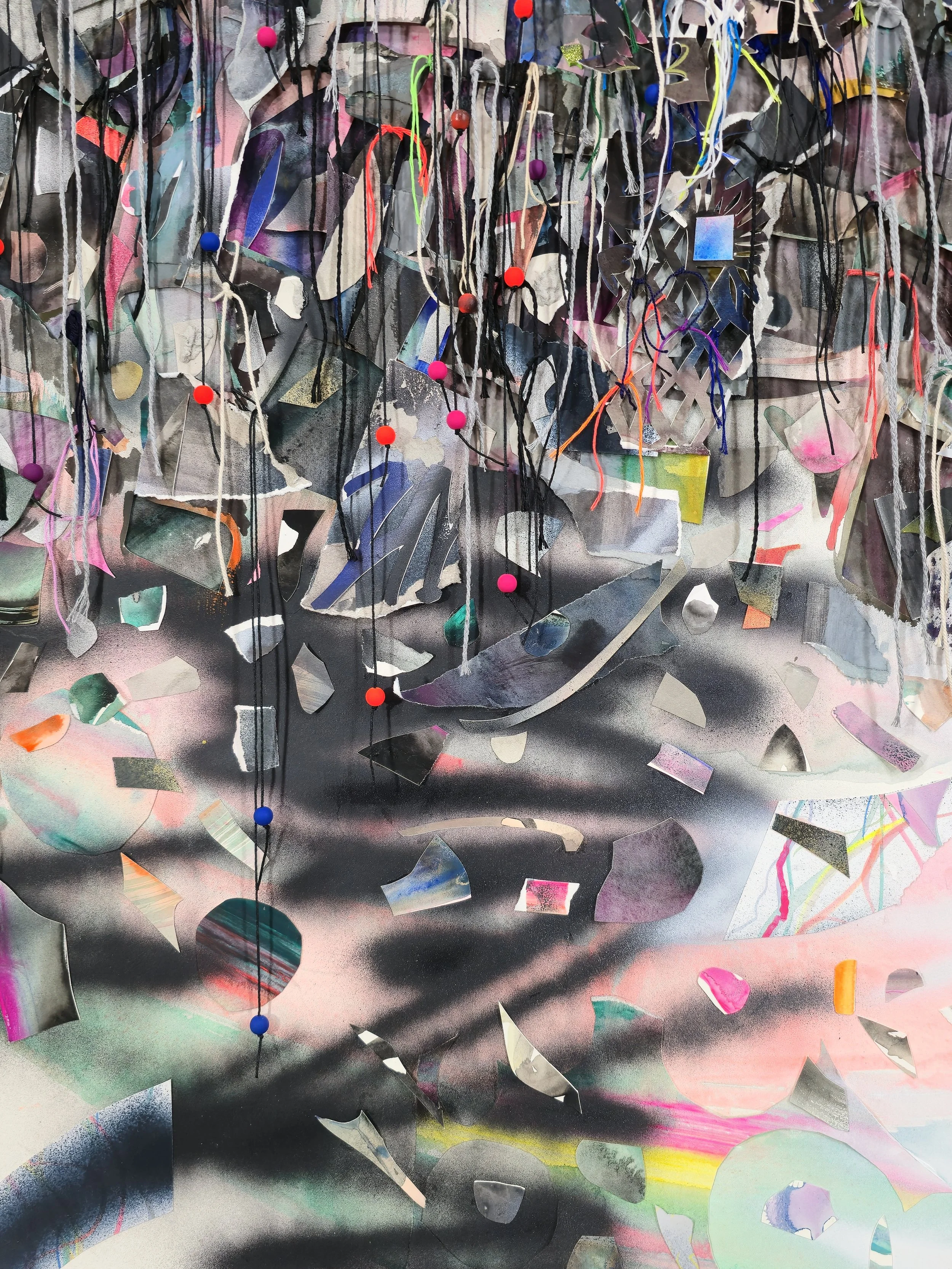   Gravity’s Rothko , 2025, detail Spray paint, acrylic, gouache, graphite powder, glitter paper, assorted string, plastic beads and embroidery floss on hand cut and collaged paper 85 x 55 inches 