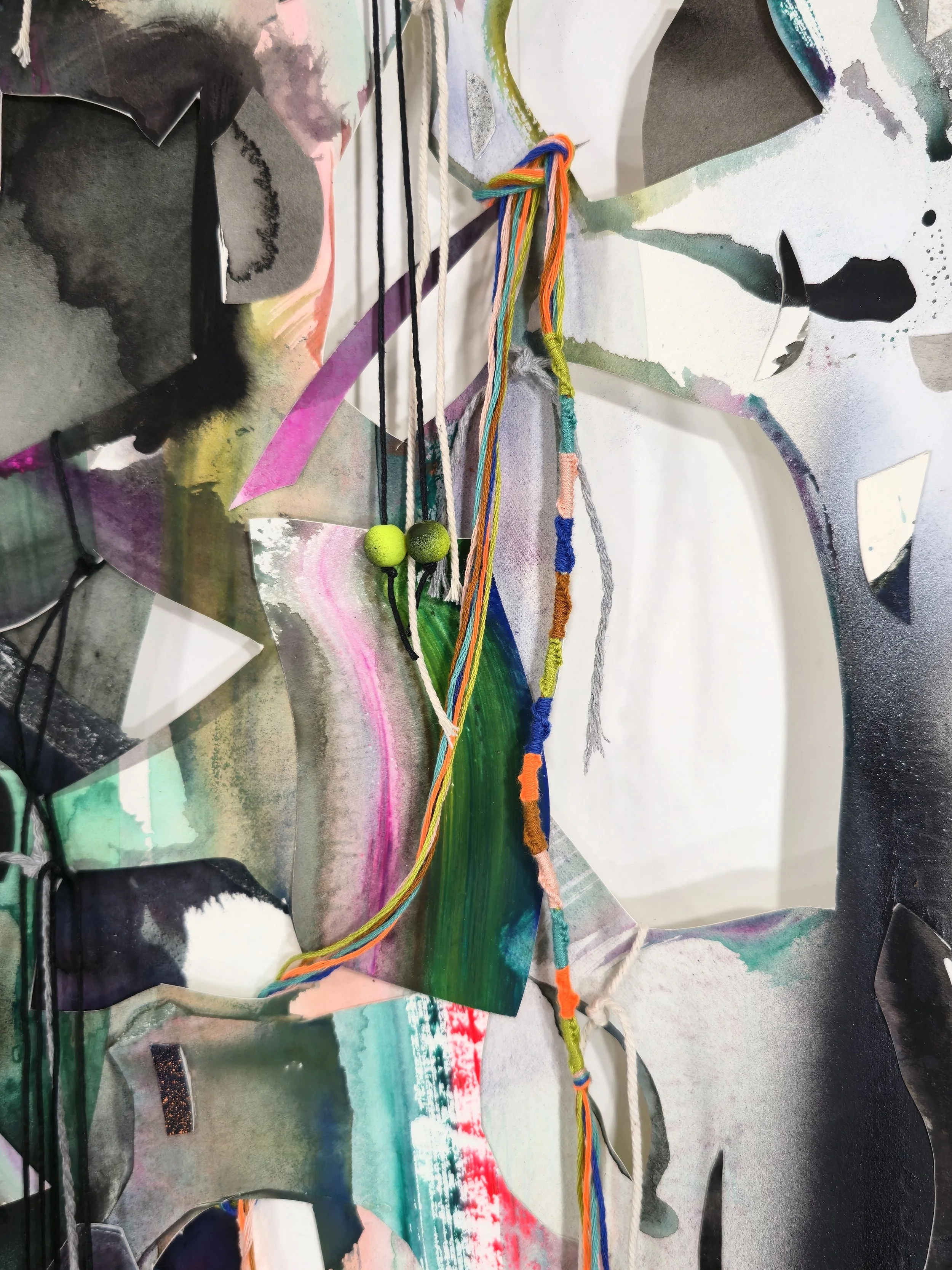   Gravity’s Rothko , 2025, detail Spray paint, acrylic, gouache, graphite powder, glitter paper, assorted string, plastic beads and embroidery floss on hand cut and collaged paper 85 x 55 inches 