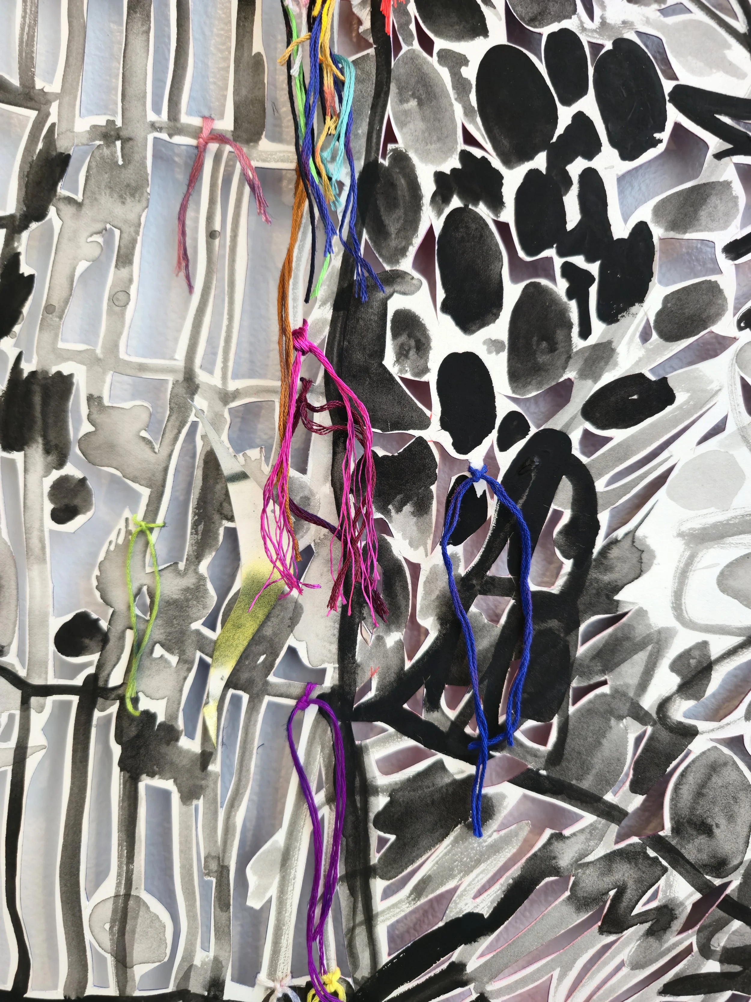   Albers, Backwards , 2025, detail Spray paint, gouache and embroidery floss on hand cut and collaged paper 55 x 45 inches 