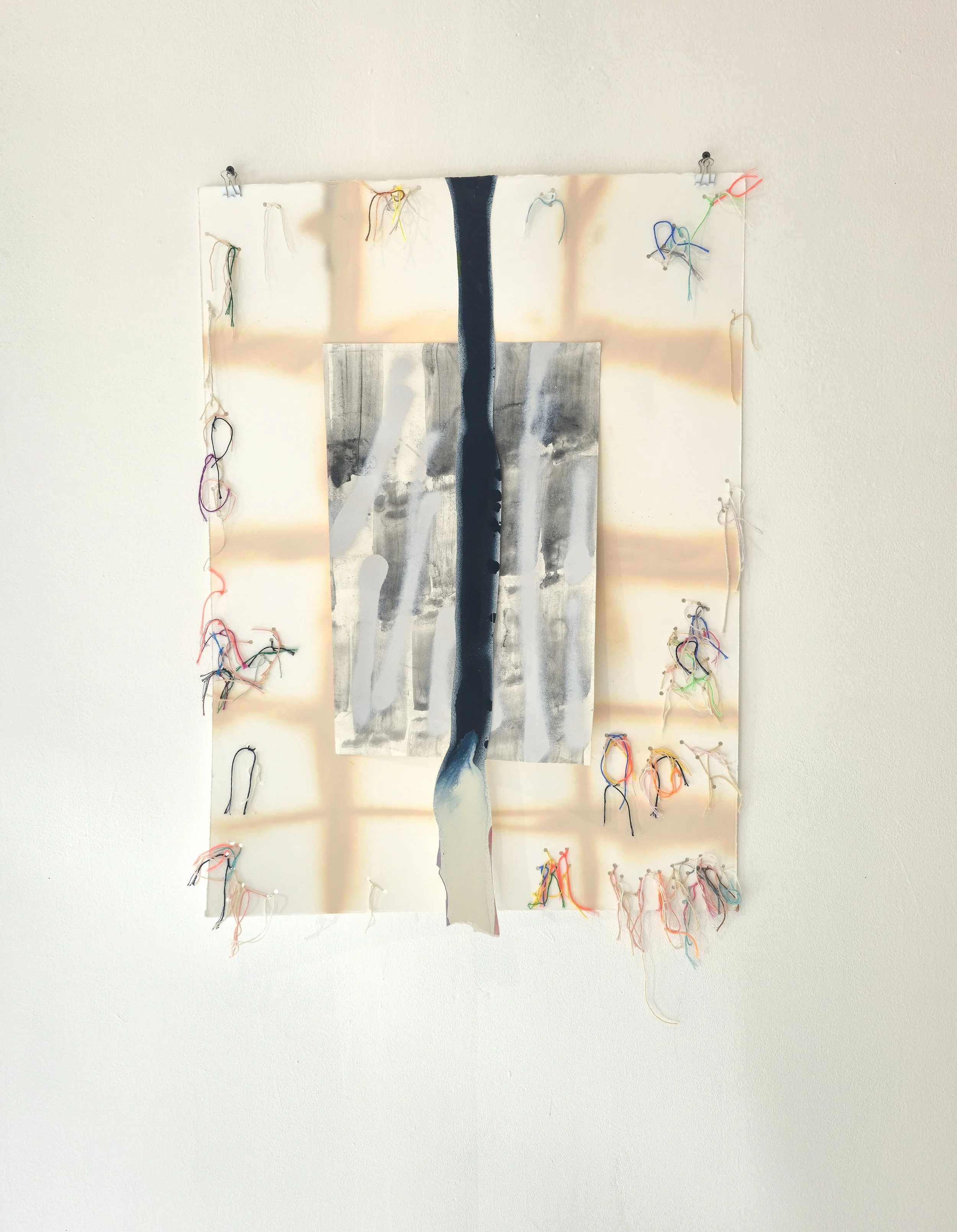   I Mustache You , 2025 Spray paint, graphite powder and embroidery thread on hand cut and collaged paper 36 x 22 inches 